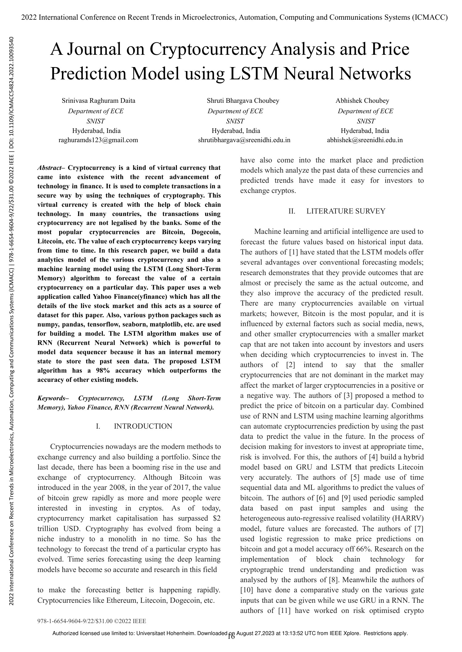 A Journal On Cryptocurrency Analysis And Price Prediction Model Using