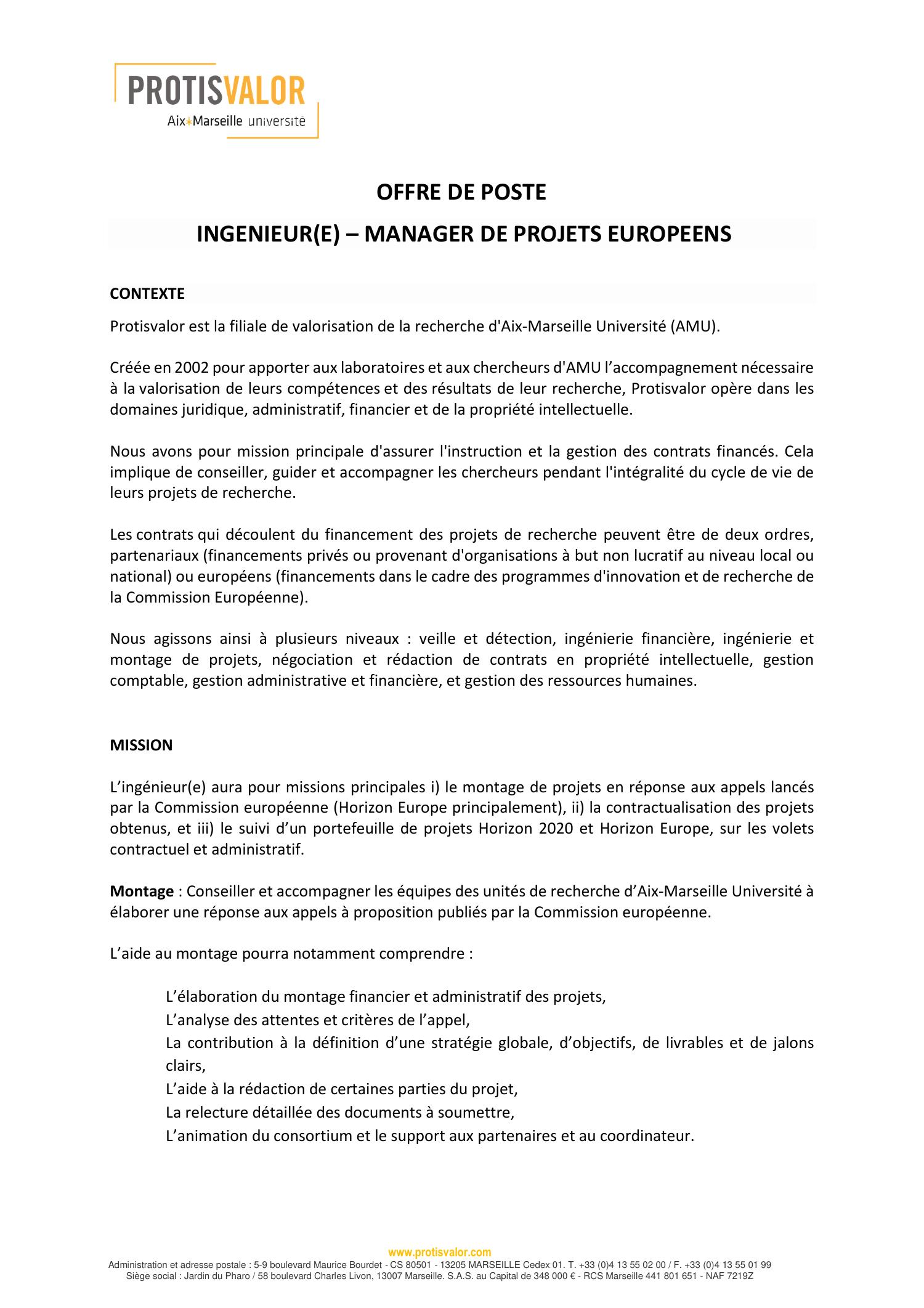 Offre de poste Ingénieur e Manager de projets européens 09 12 2022 pdf