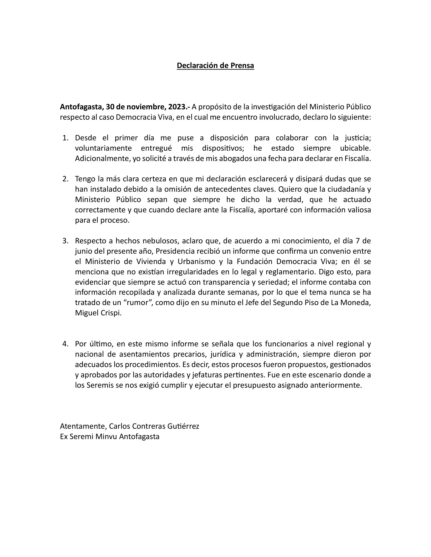 Carlos Contreras Declaraci N De Prensa Noviembre Docx Docdroid