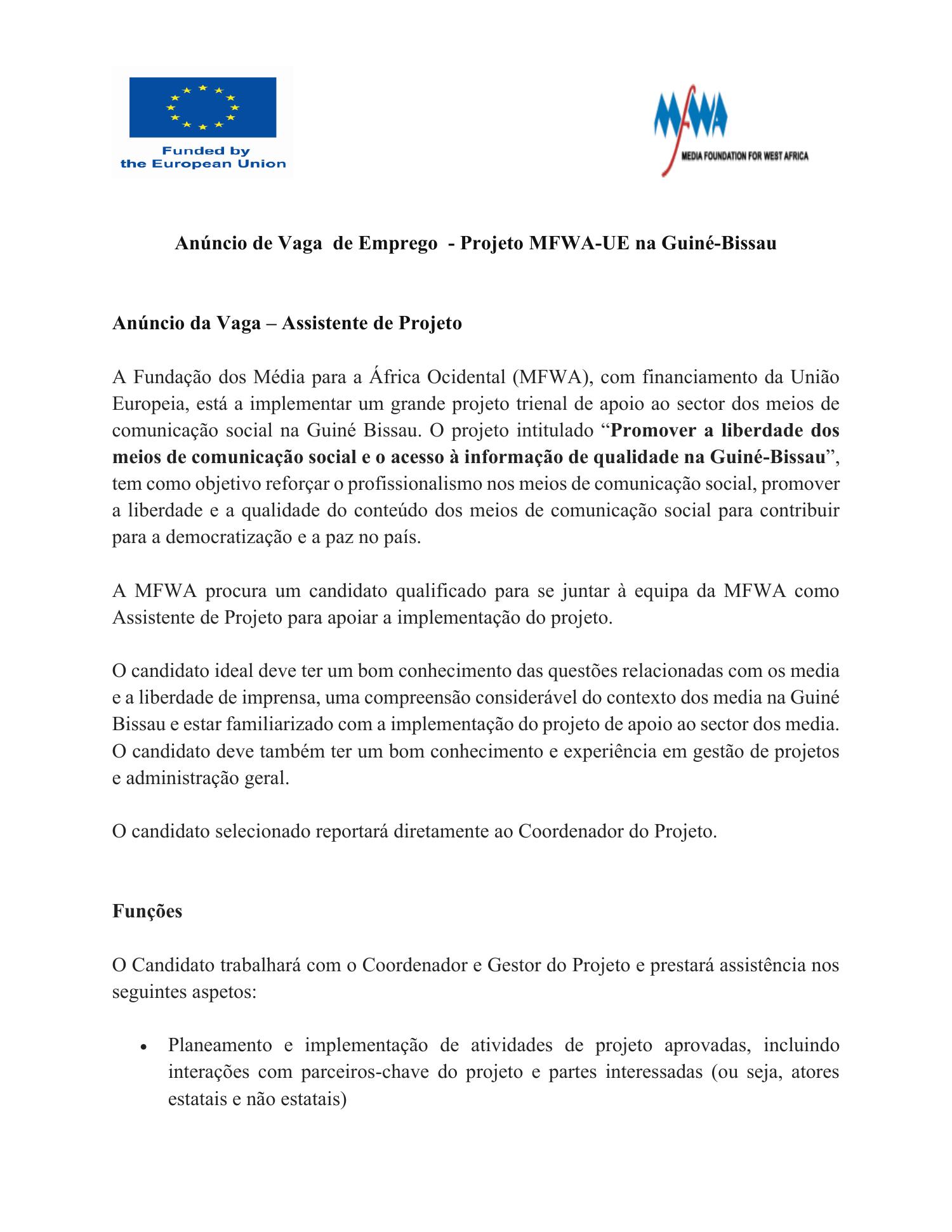 An Ncio Da Vaga Assistente De Projeto Guinea Bissau Pdf