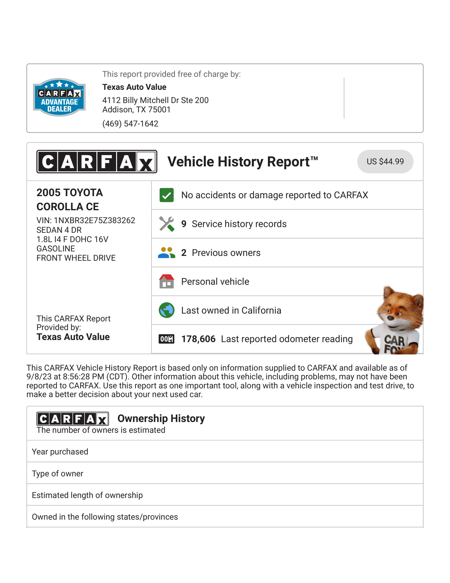 Carfax Vehicle History Report For This Toyota Corolla Ce