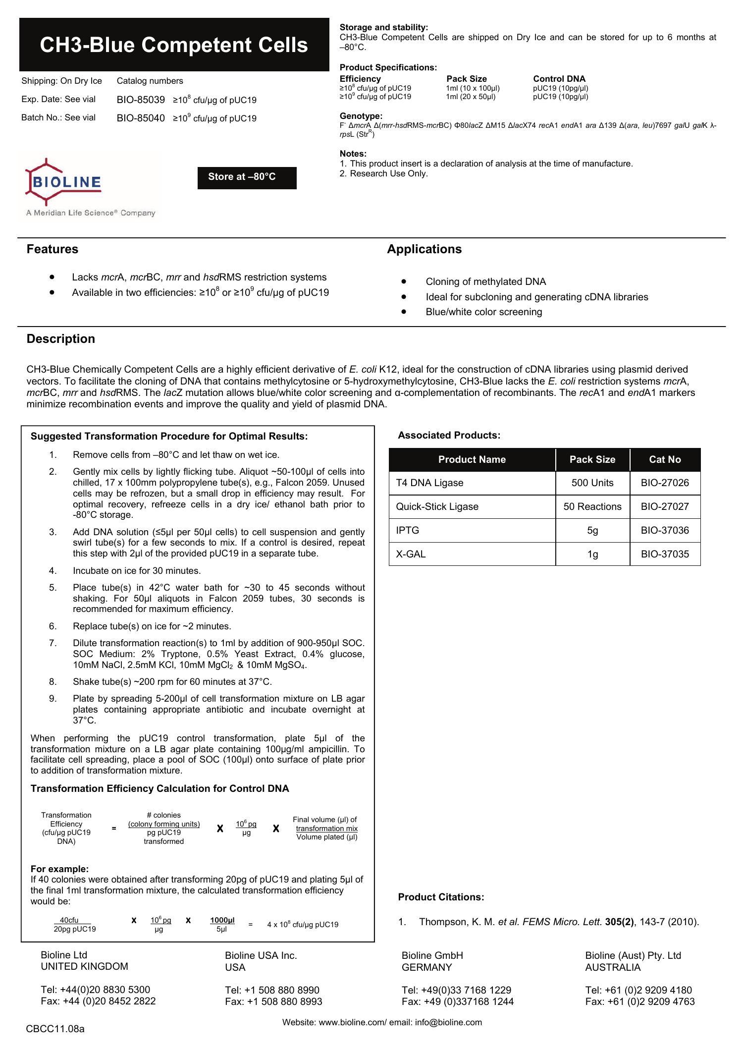 CH3 Blue 10 9 Chemically Competent Cells Manual Pdf DocDroid