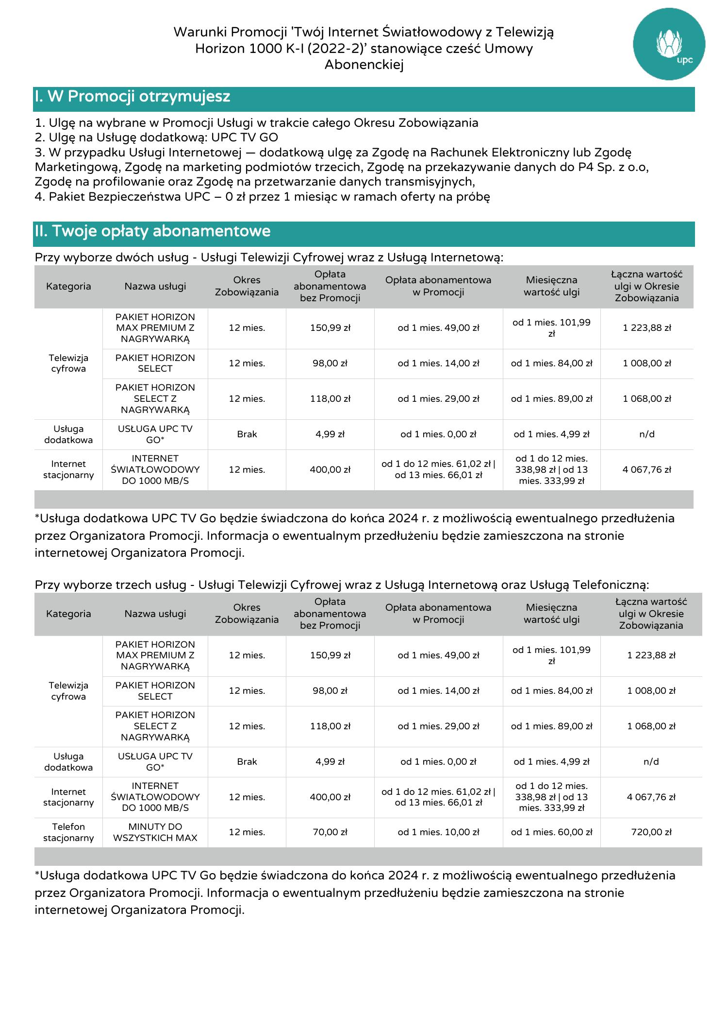 Upc Regulamin Promocji Twoj Internet Swiatlowodowy Z Telewizja Horizon