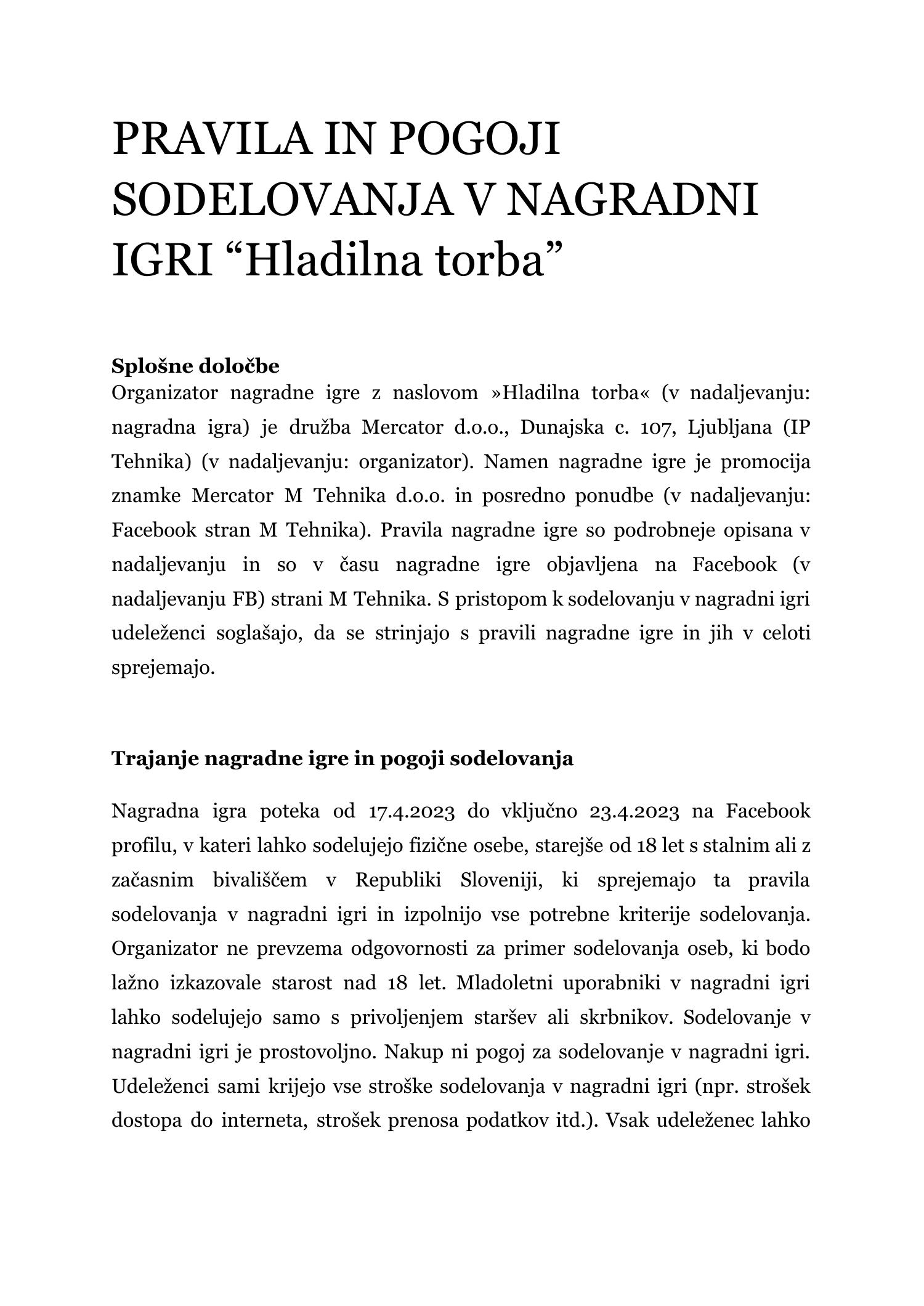 Pravila In Pogoji Sodelovanja V Nagradni Igri Hladilna Torba Pdf