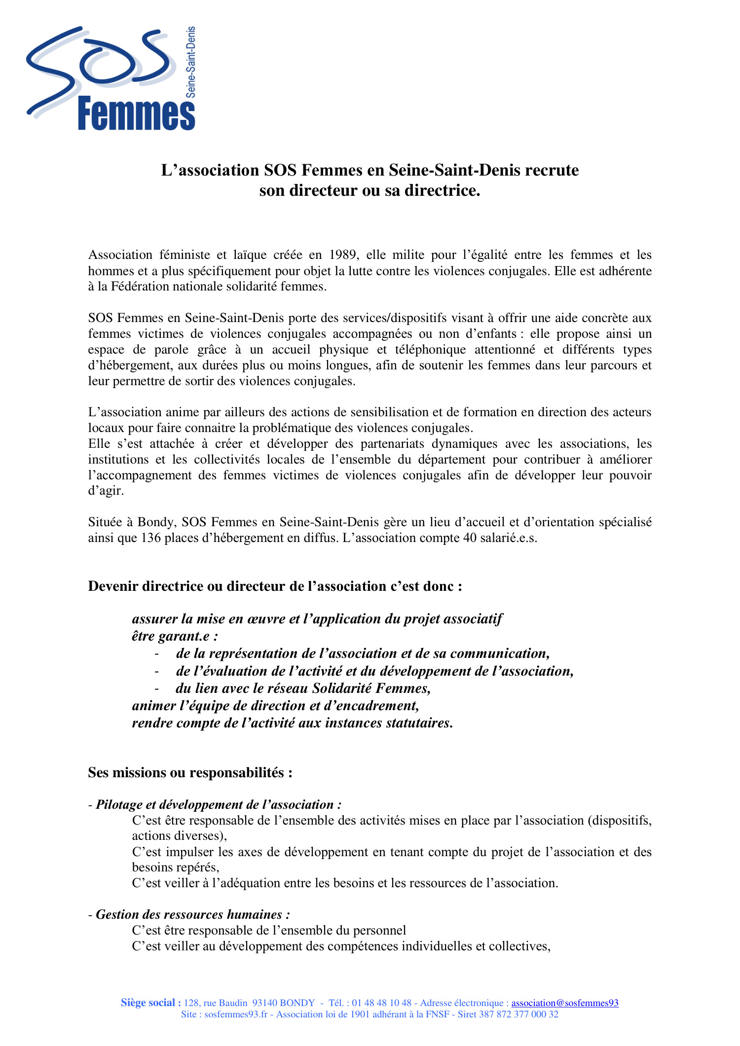 Offre De Recrutement Directrice Directeur Sos Femmes En Seine Saint