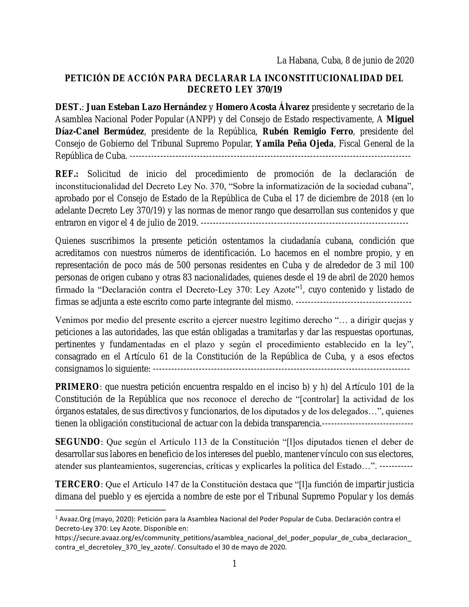 PETICIÓN DE ACCIÓN PARA DECLARAR LA INCONSTITUCIONALIDAD DEL DECRETO