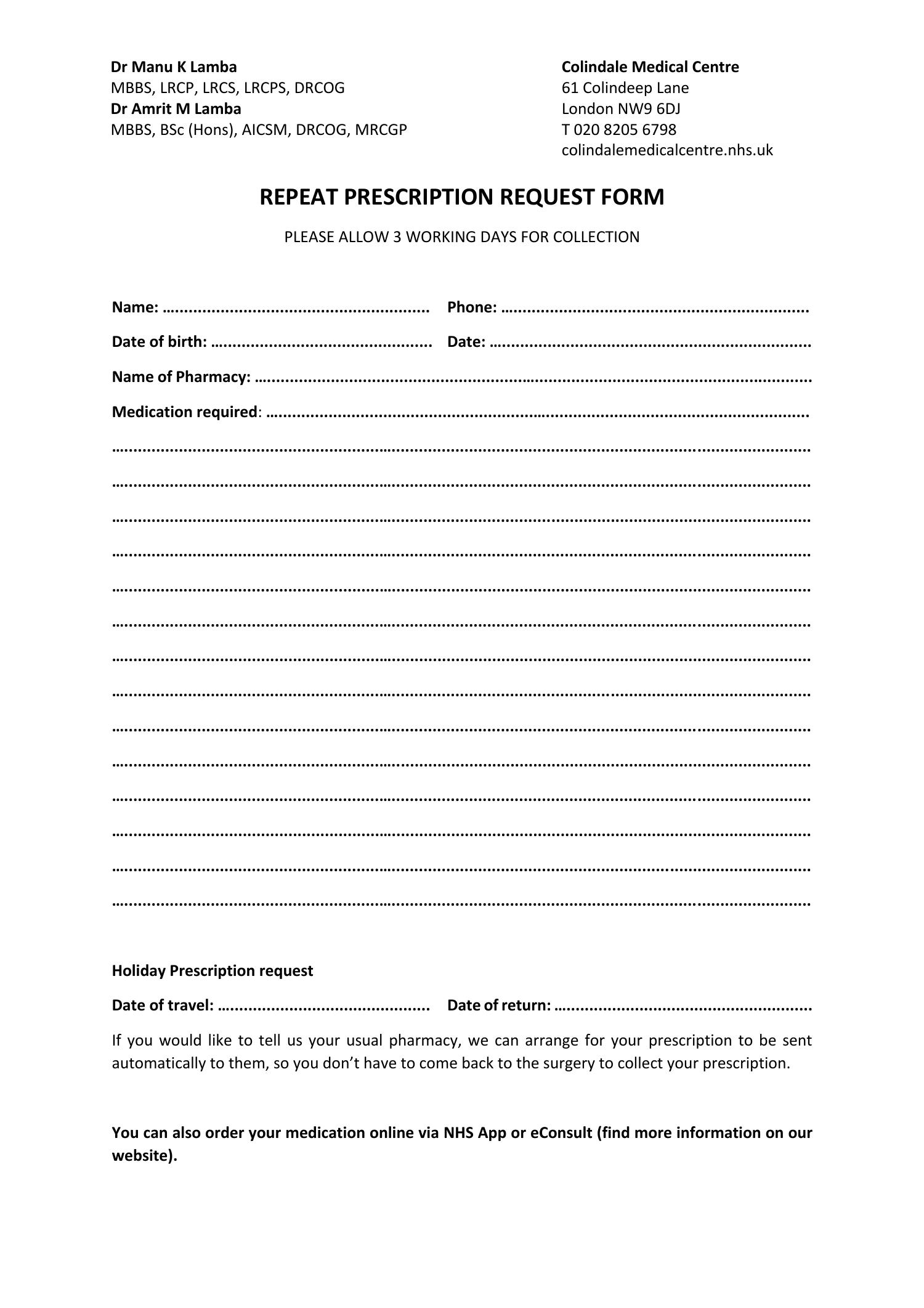 Repeat Prescription Request Form Pdf Docdroid