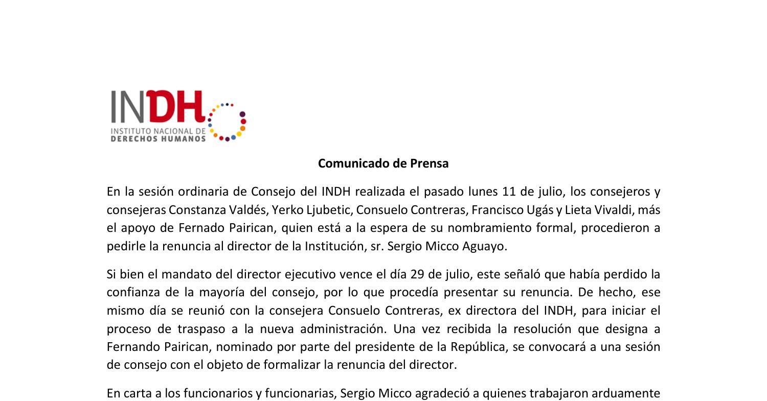 Comunicado De Prensa Renuncia Director Nacional Indh Pdf Docdroid