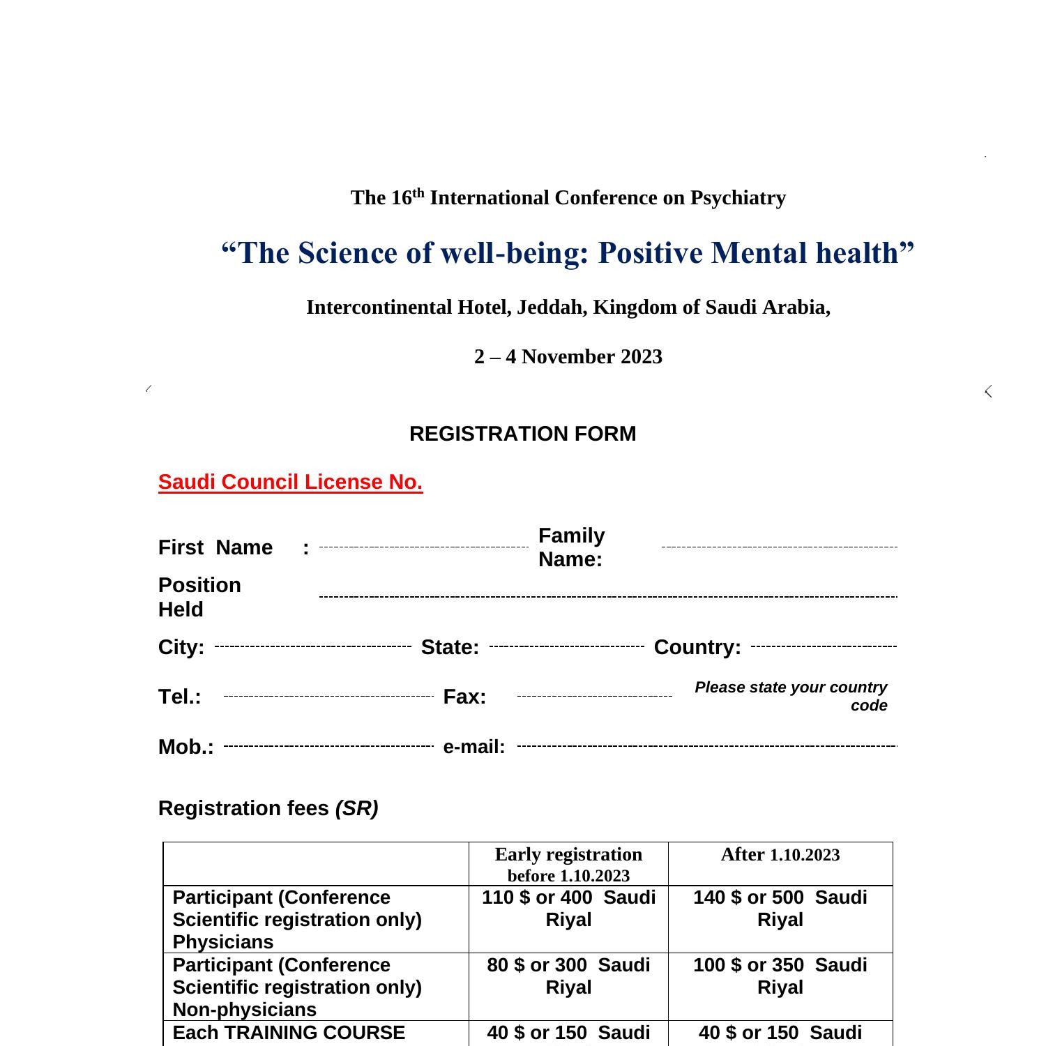 Registration Form The Th International Conference On Psychiatry