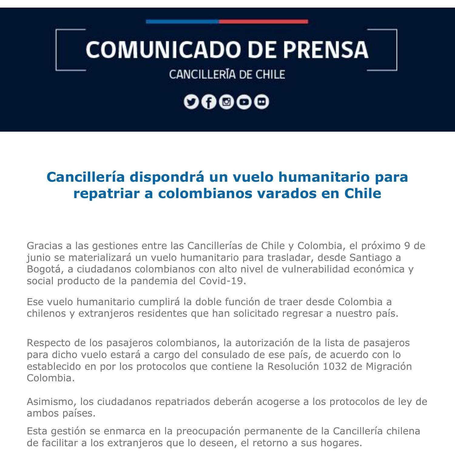 Cancillería dispondrá un vuelo humanitario para repatriar a colombianos