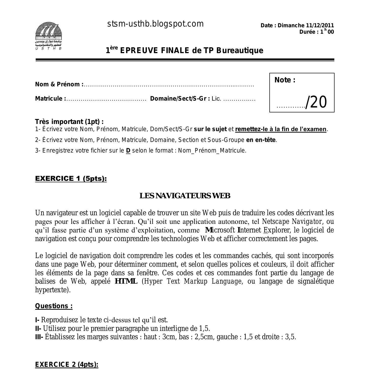 10 Examens De TP Bureautique L1 S1 USTHB Pdf DocDroid