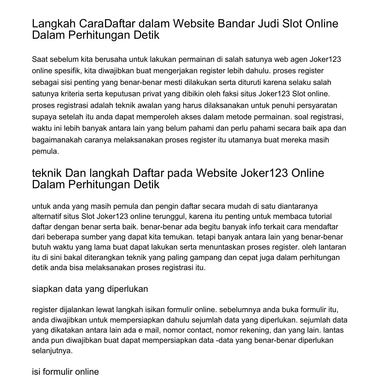 Cara Mendaftar Dalam Website Agen Judi Joker123 Slot Online Dalam