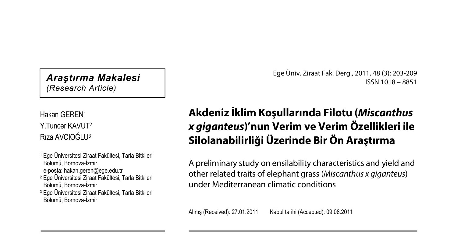 Akdeniz Klim Ko Ullar Nda Filotu Miscanthus X Giganteus Nun Verim