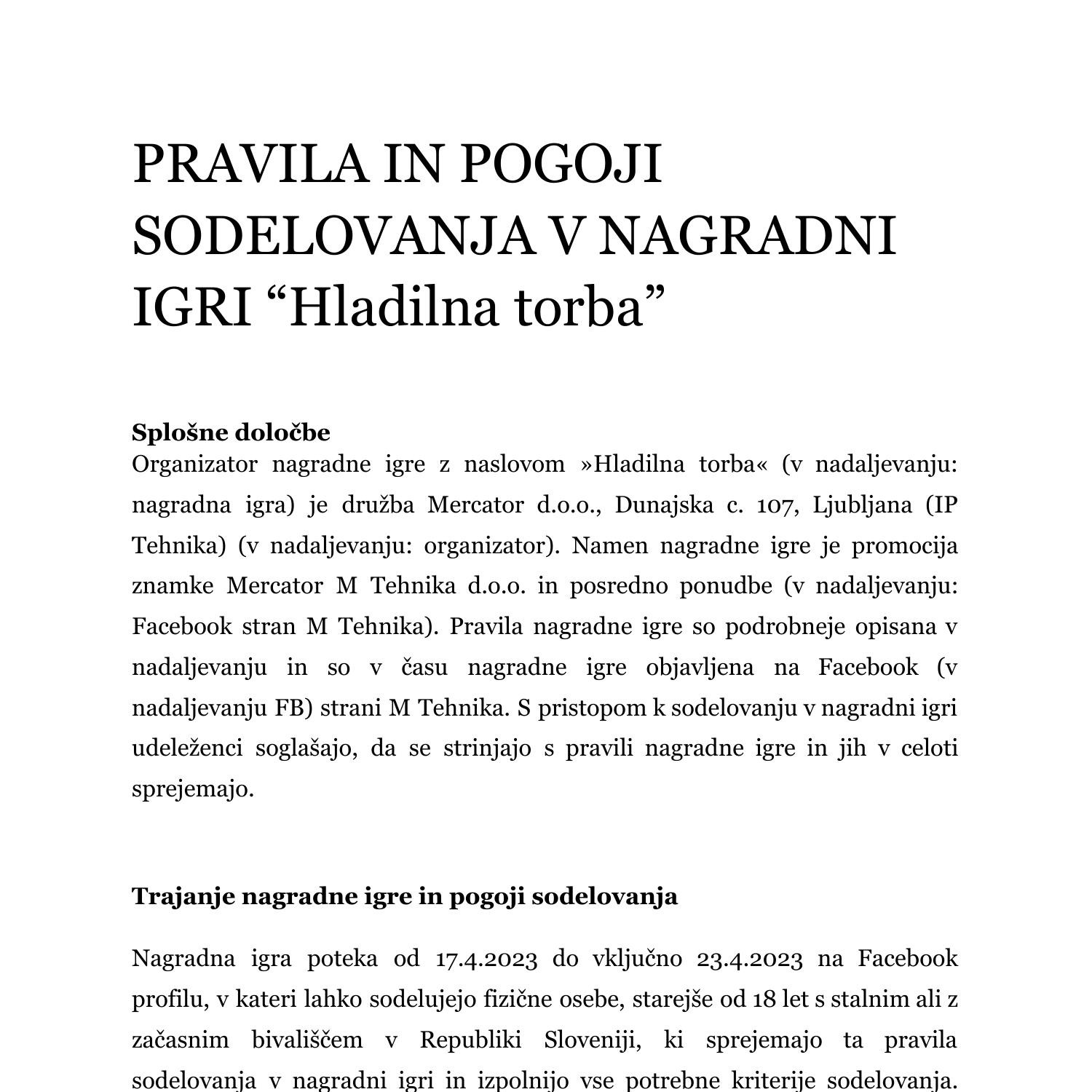 PRAVILA IN POGOJI SODELOVANJA V NAGRADNI IGRI Hladilna Torba 1 Pdf