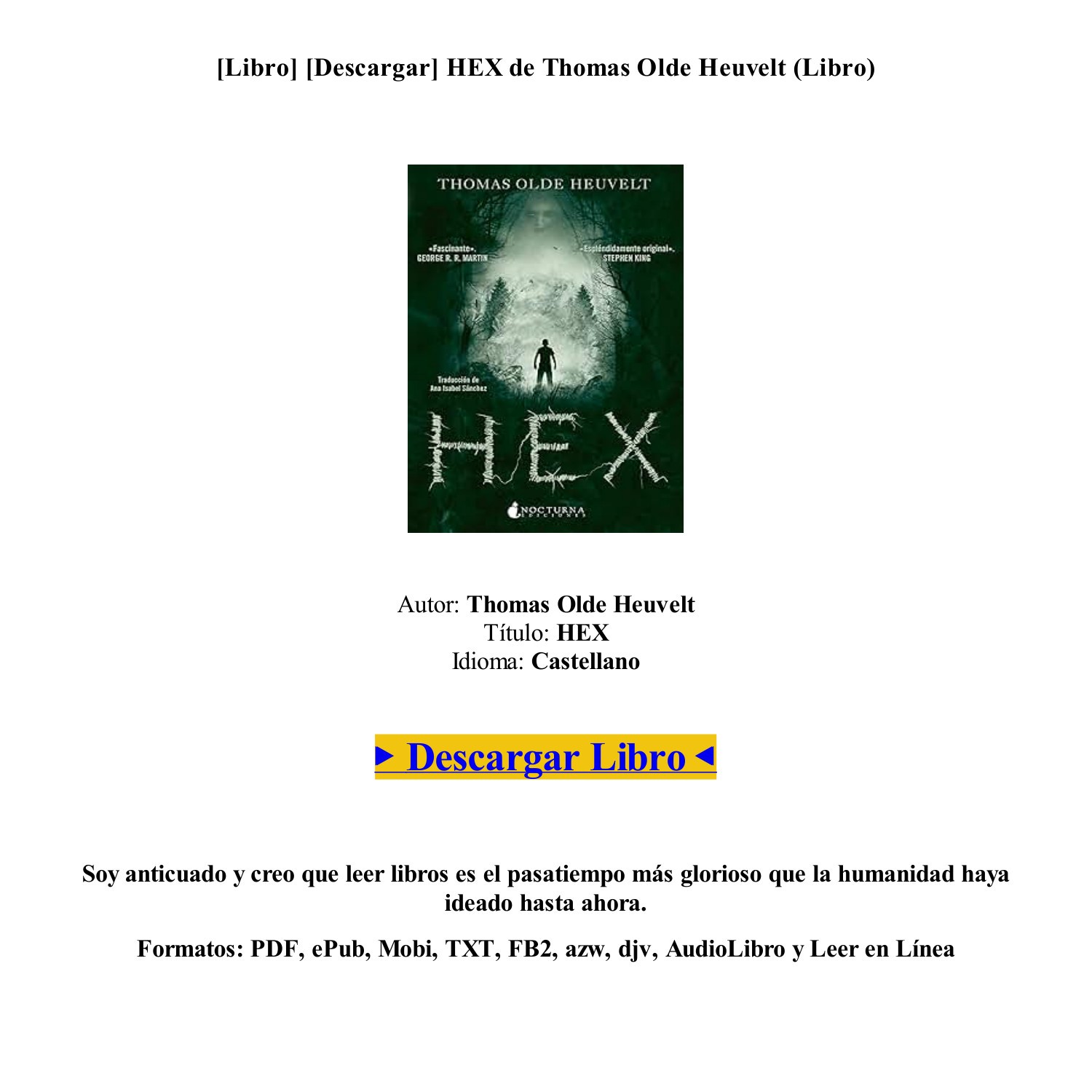 Descargar Pdf Epub Gratis Hex De Thomas Olde Heuvelt Ebook Pdf