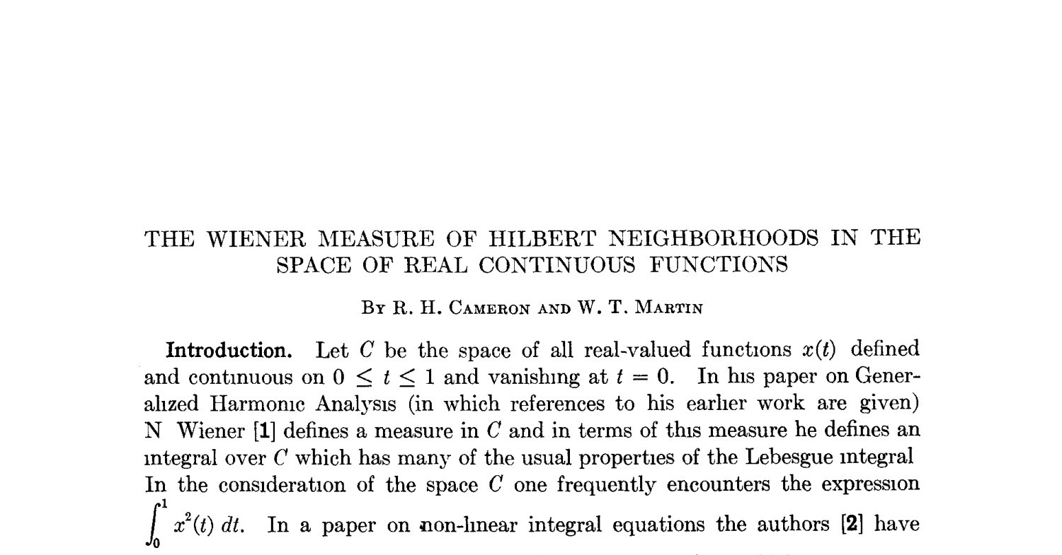 The Wiener Measure Of Hilbert Neighborhoods In The Space Of Real