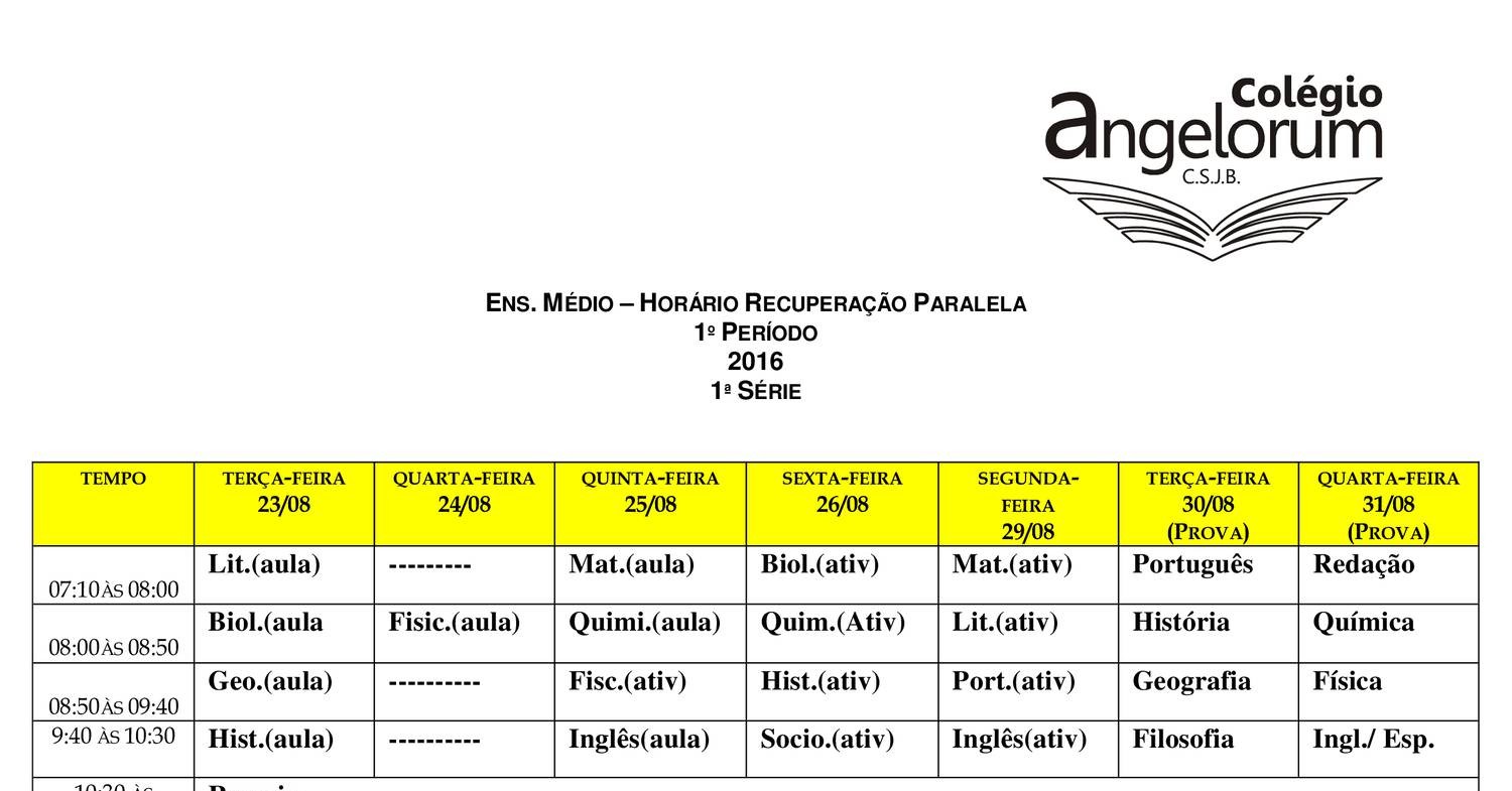 Hor Rio Da Recupera O Paralela Ensino M Dio Pdf Docdroid