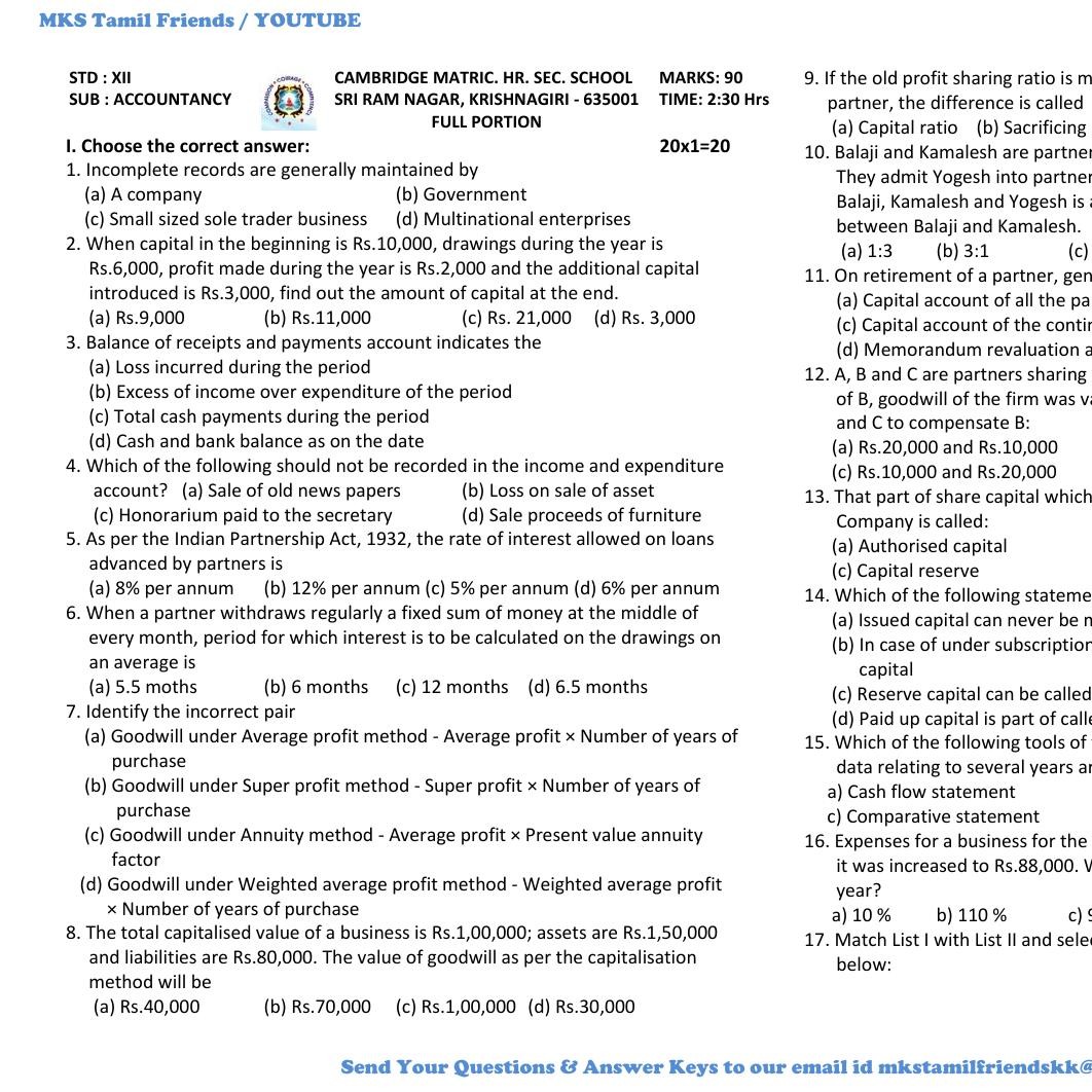 Th Accountancy Half Yearly Exam Model Question Paper English Medium Pdf Docdroid