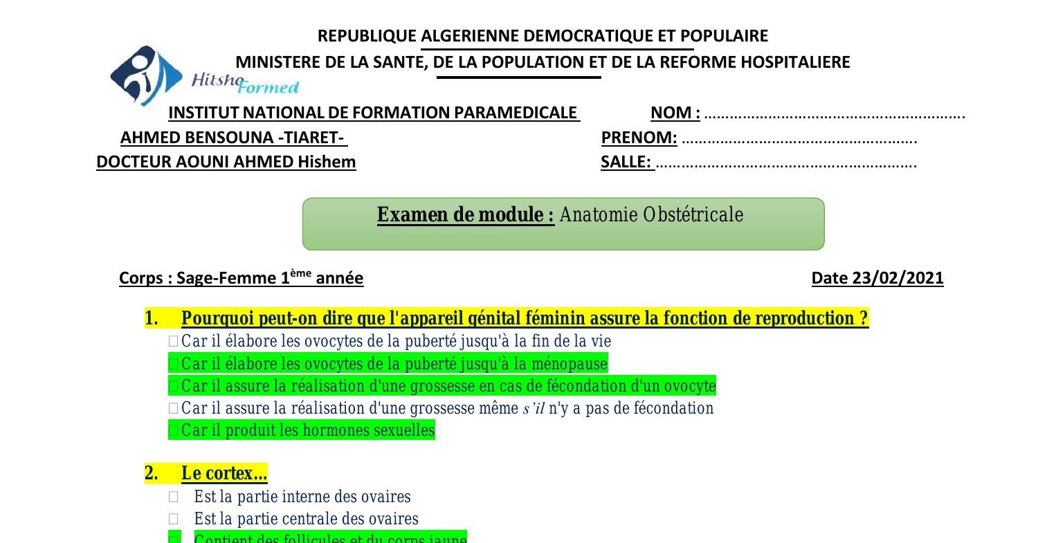 Examen Anatomie Obst Trique Pdf Docdroid