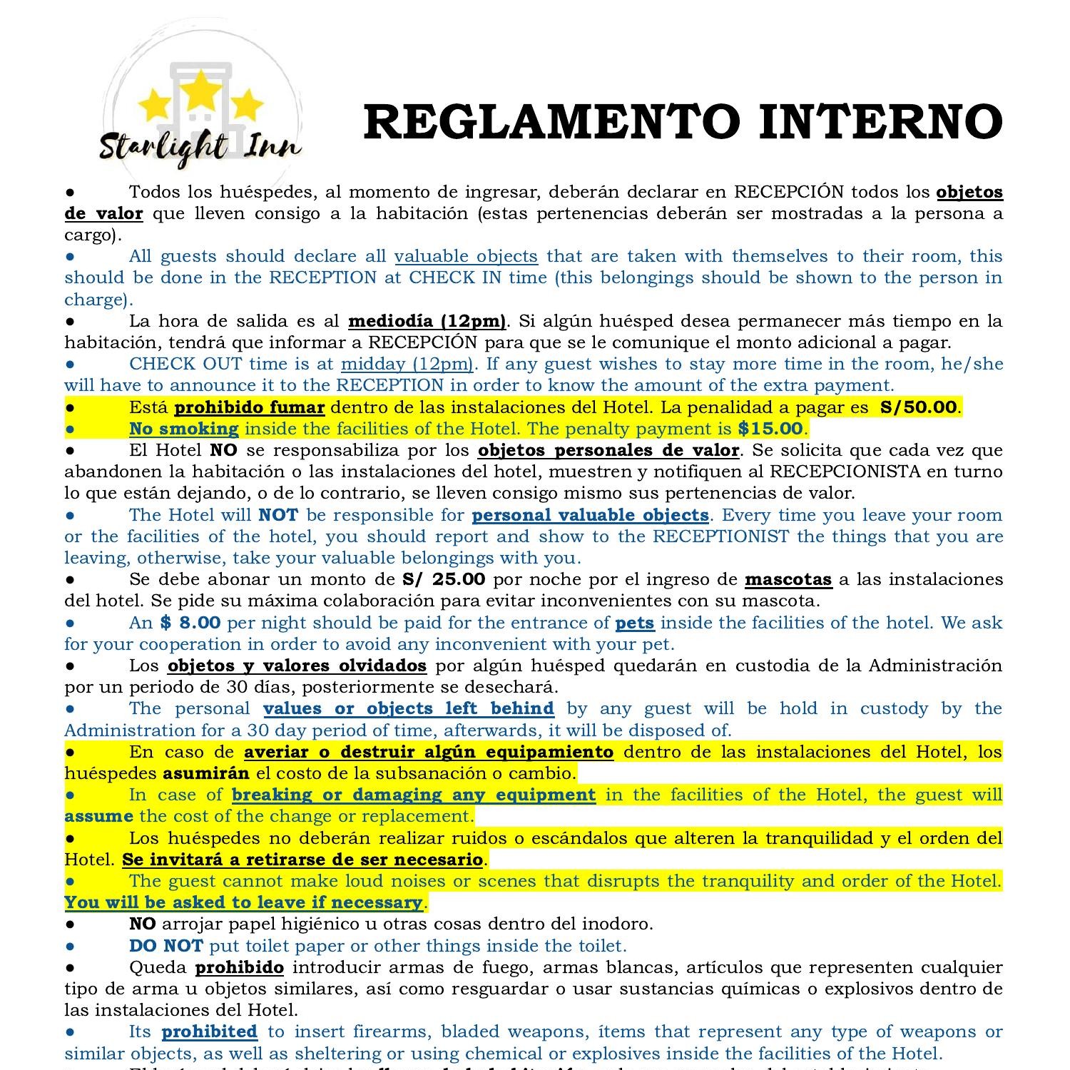 Reglamento Interno Starlight Inn Pdf DocDroid