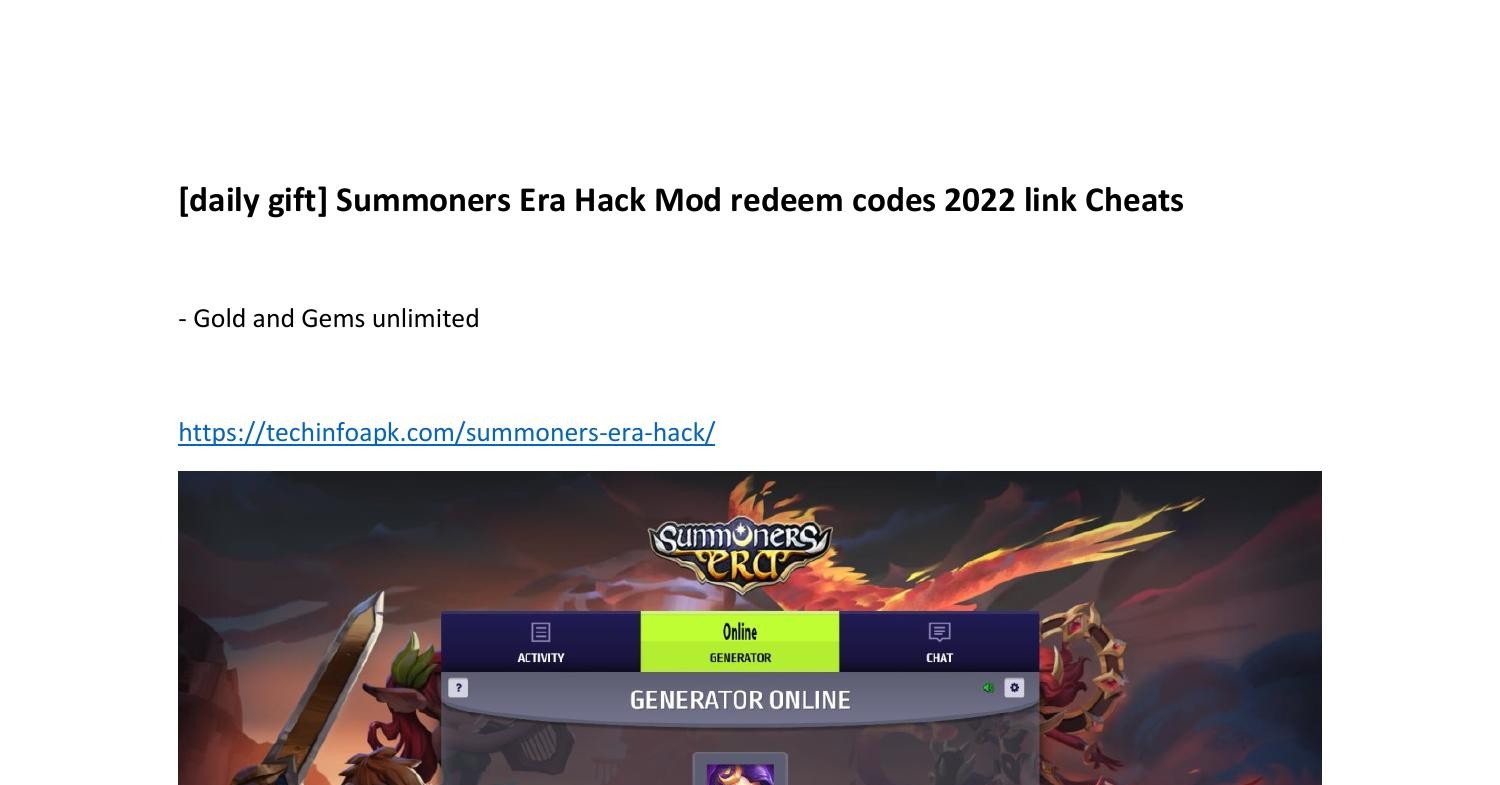 Daily Gift Summoners Era Hack Mod Redeem Codes Link Cheats Pdf