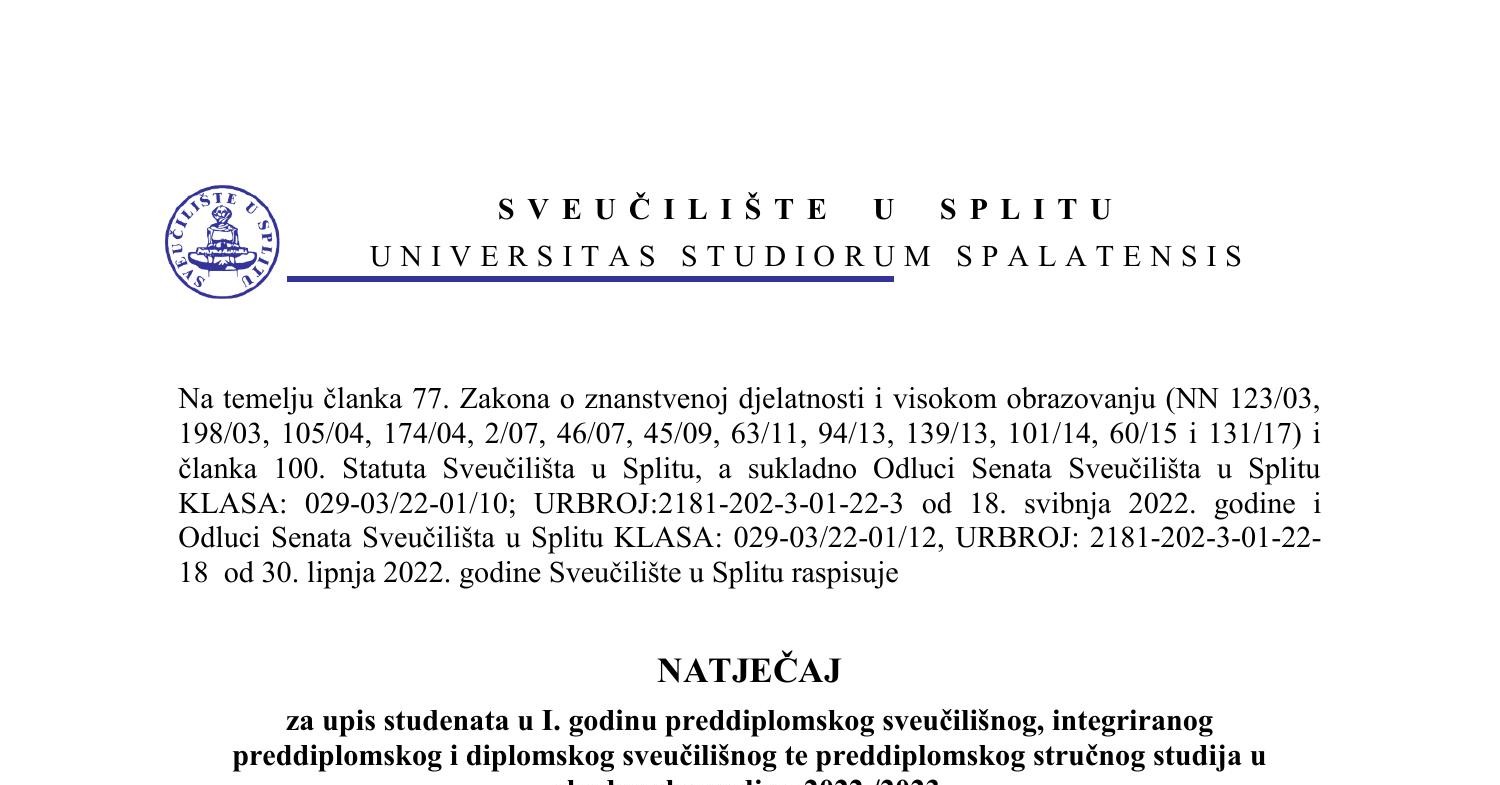 Natječaj za upis u preddiplomske integr sveuč str studije 2022 2023 pdf