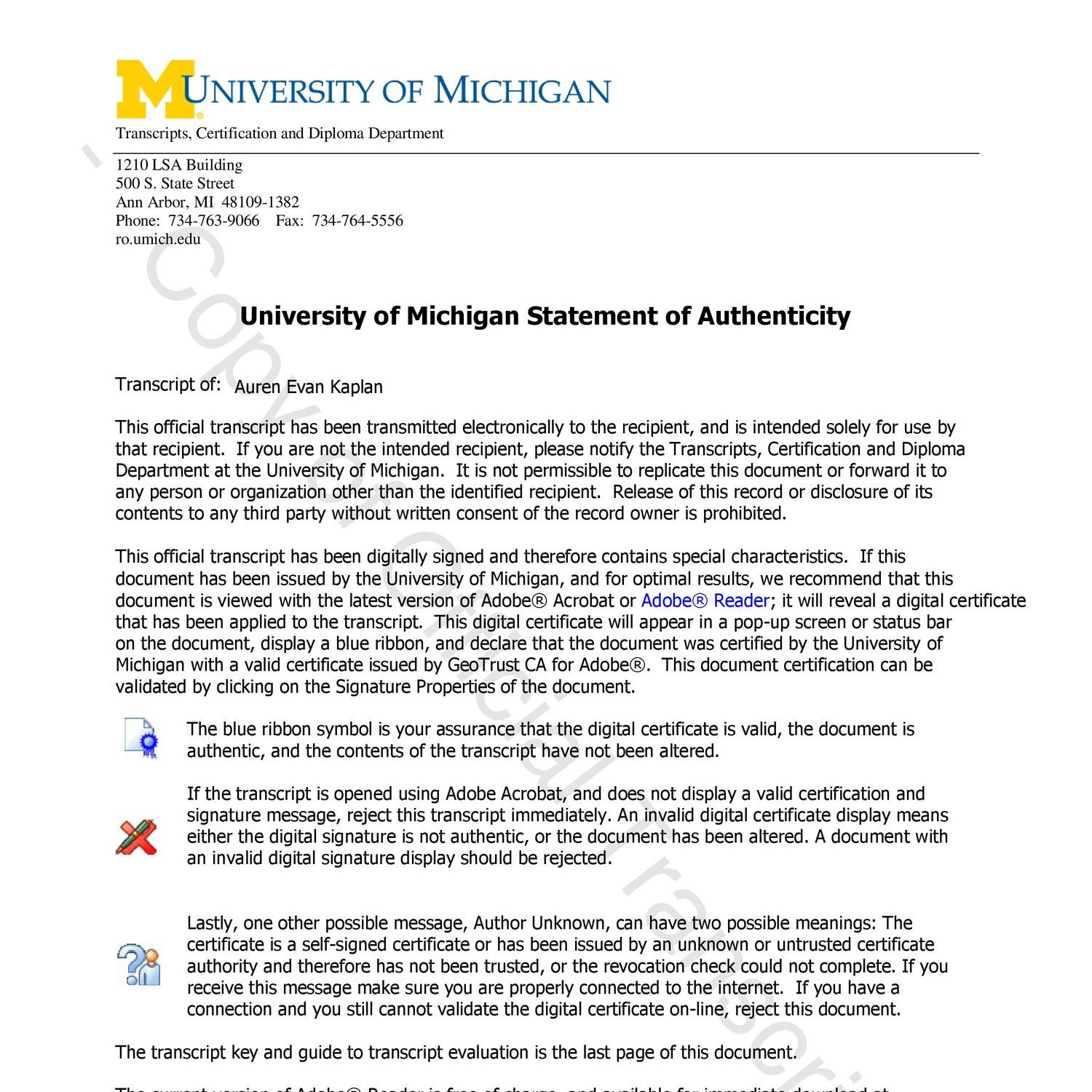 Auren Evan Kaplan University Of Michigan Transcript Pdf DocDroid