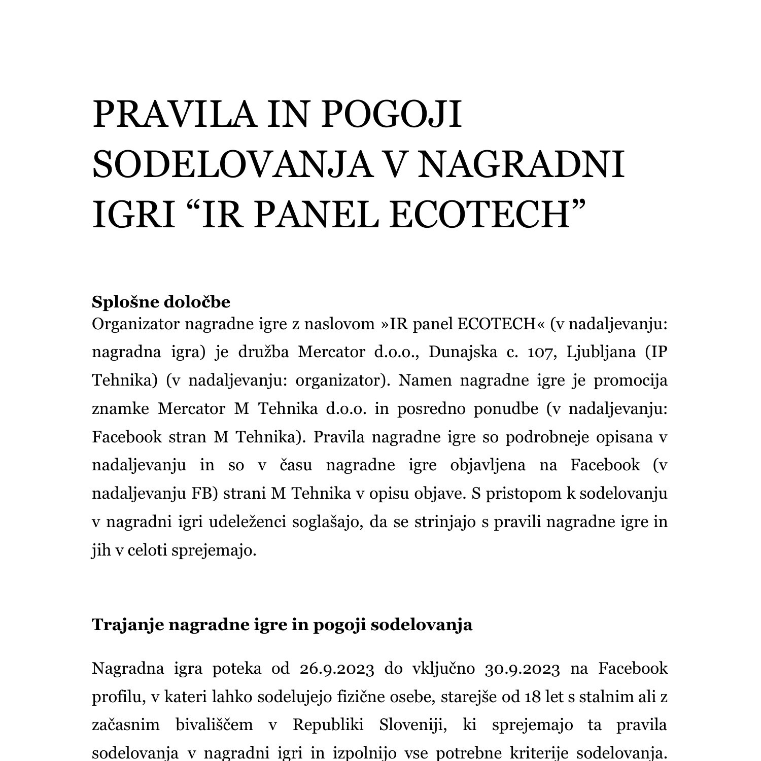 PRAVILA IN POGOJI SODELOVANJA V NAGRADNI IGRI IR PANEL ECOTECH Pdf