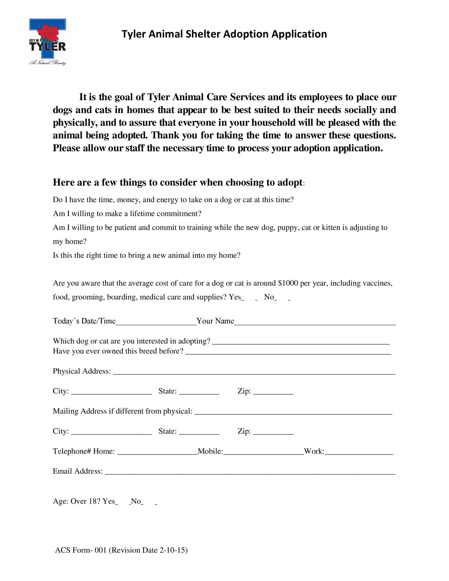 Tyler Animal Shelter Adoption Application Pdf Docdroid