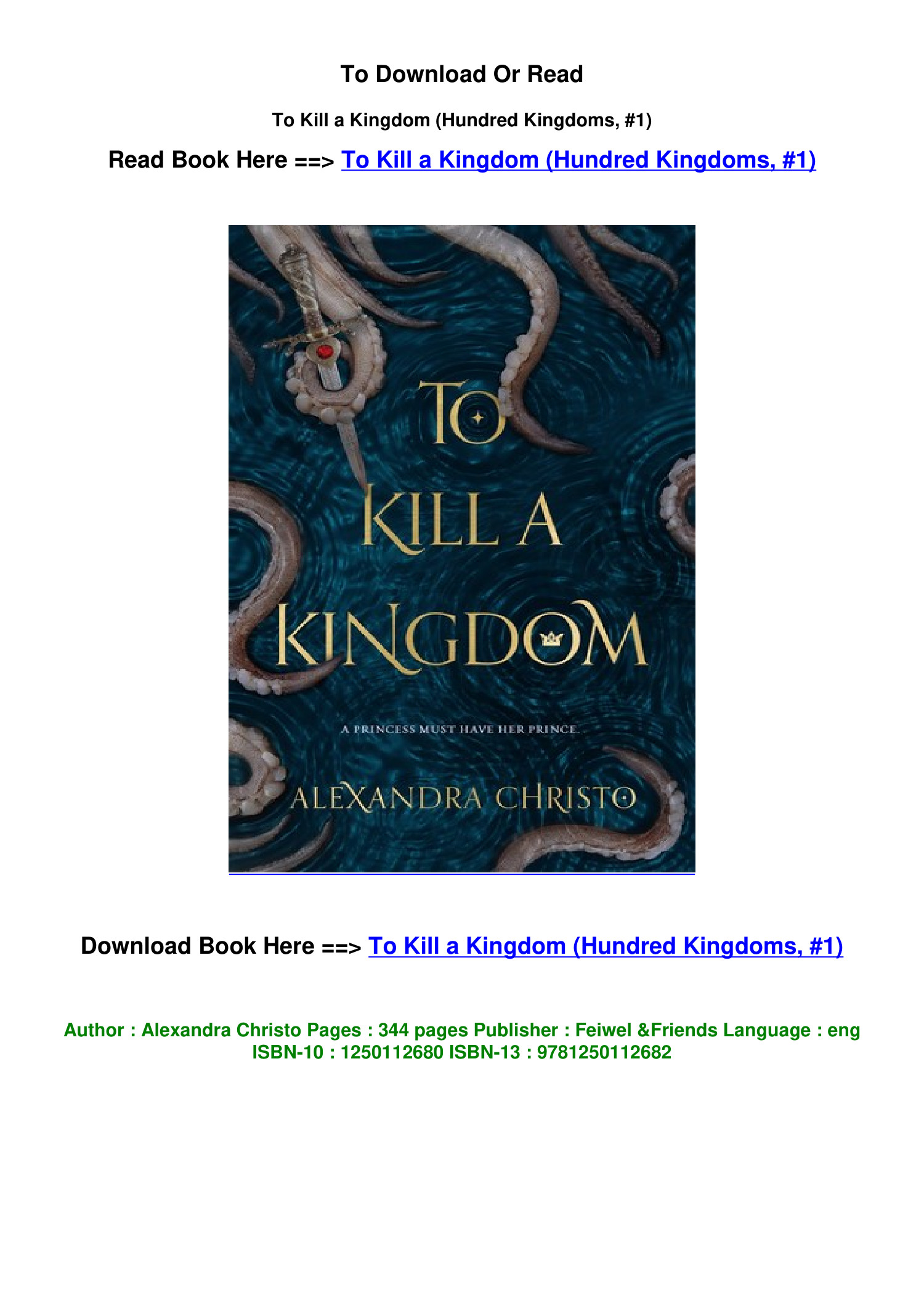  To Kill a Kingdom (Hundred Kingdoms): 9781250112682