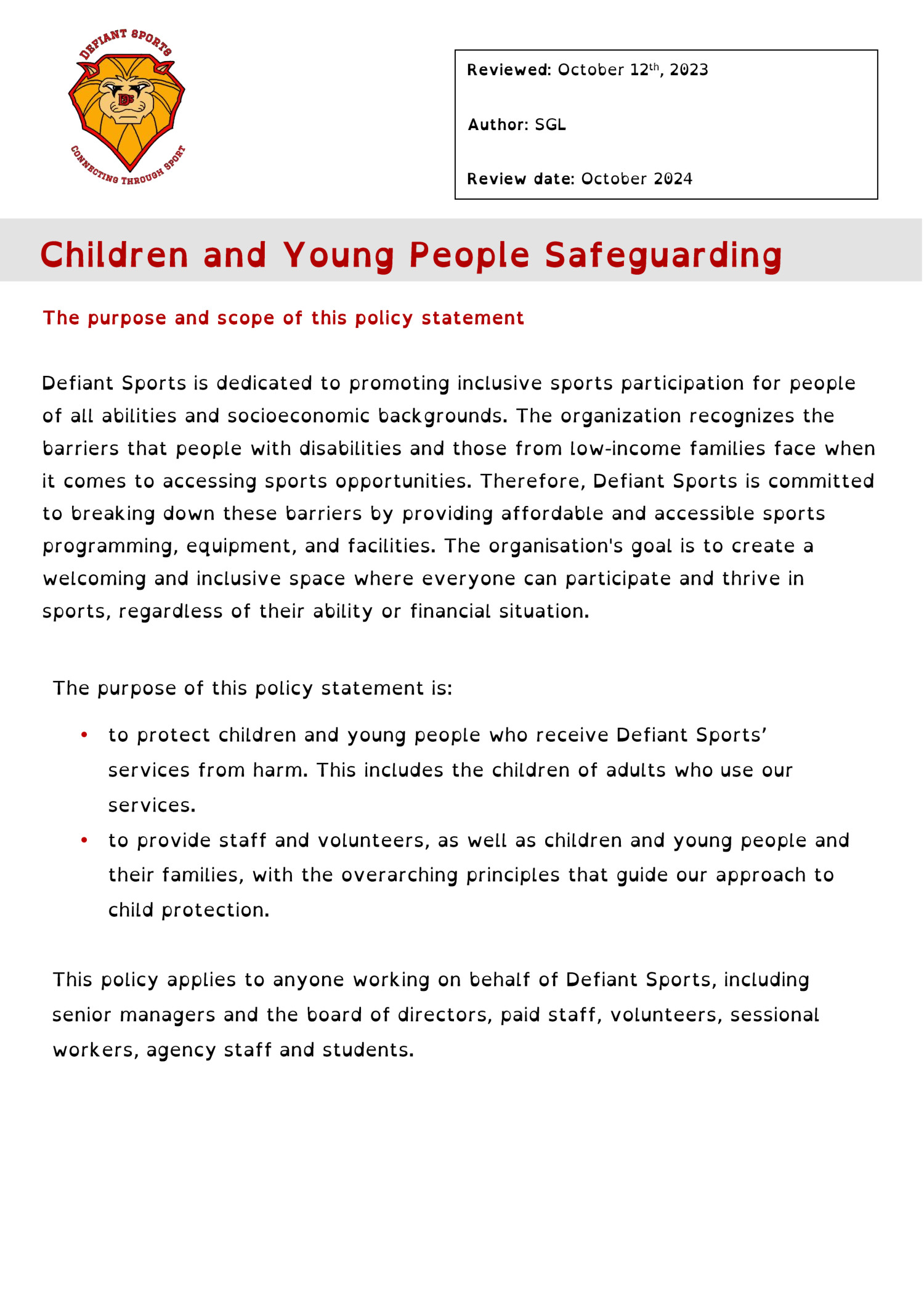 Defiant Sports - Children And Young People Safeguarding Policy.pdf ...