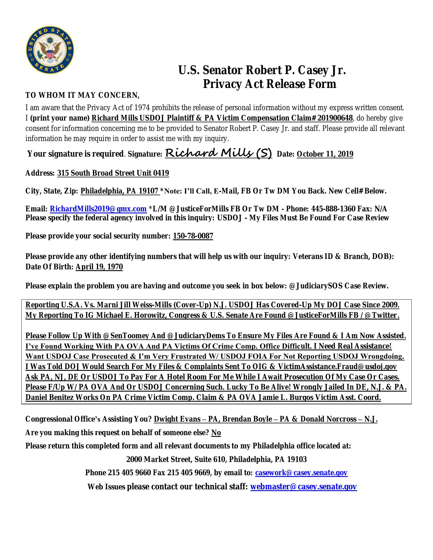 U.S. Sen. Bob Casey Jr. Privacy Release Form 10.11.19 Submitted By