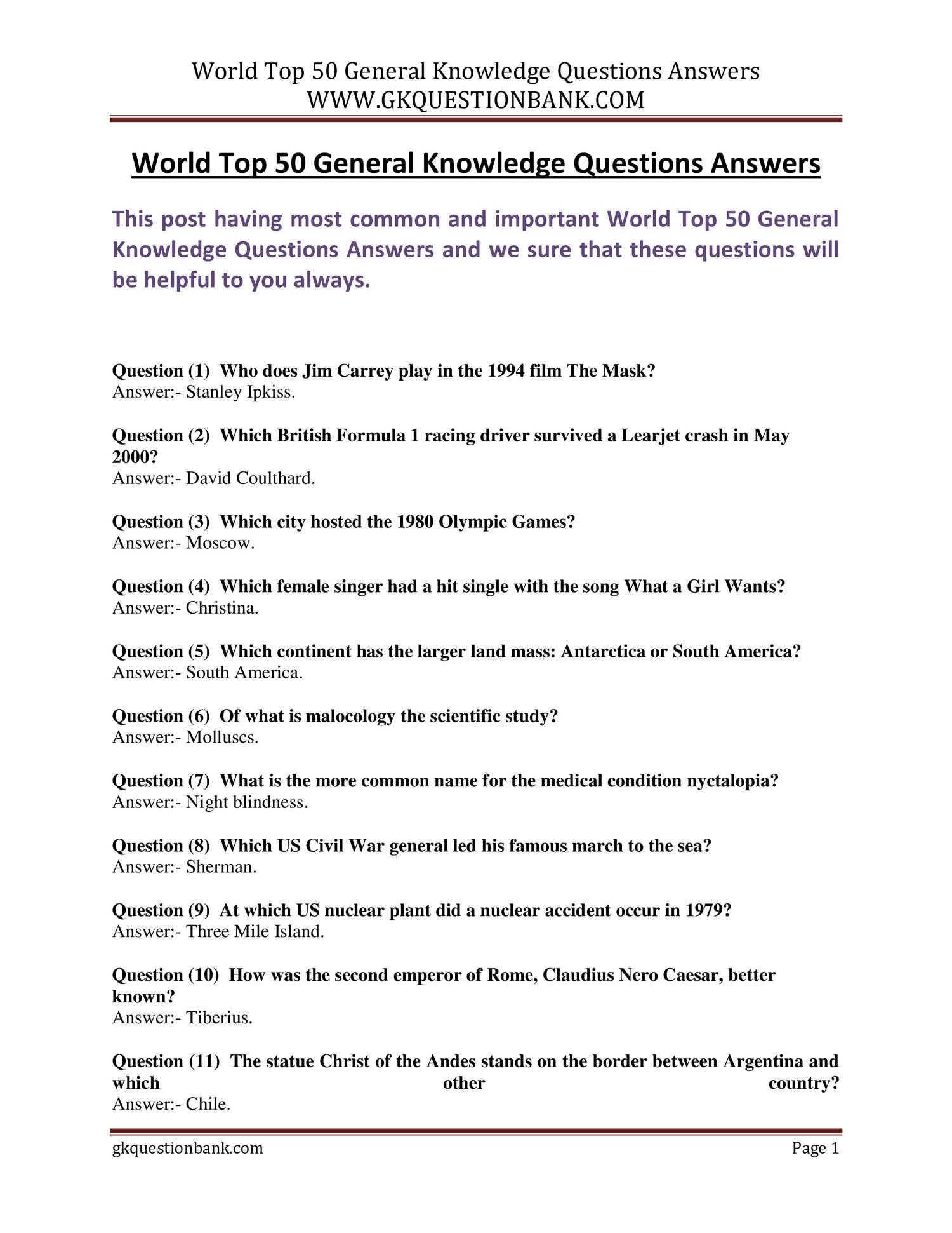 Download World Top 50 General Knowledge Questions Answers docx DocDroid