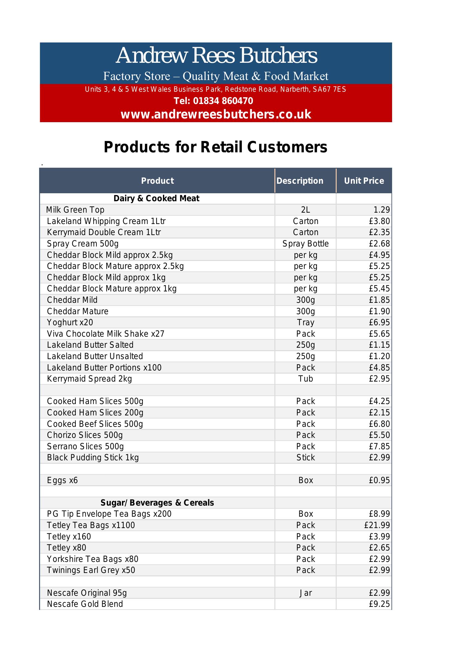 Product and Price List