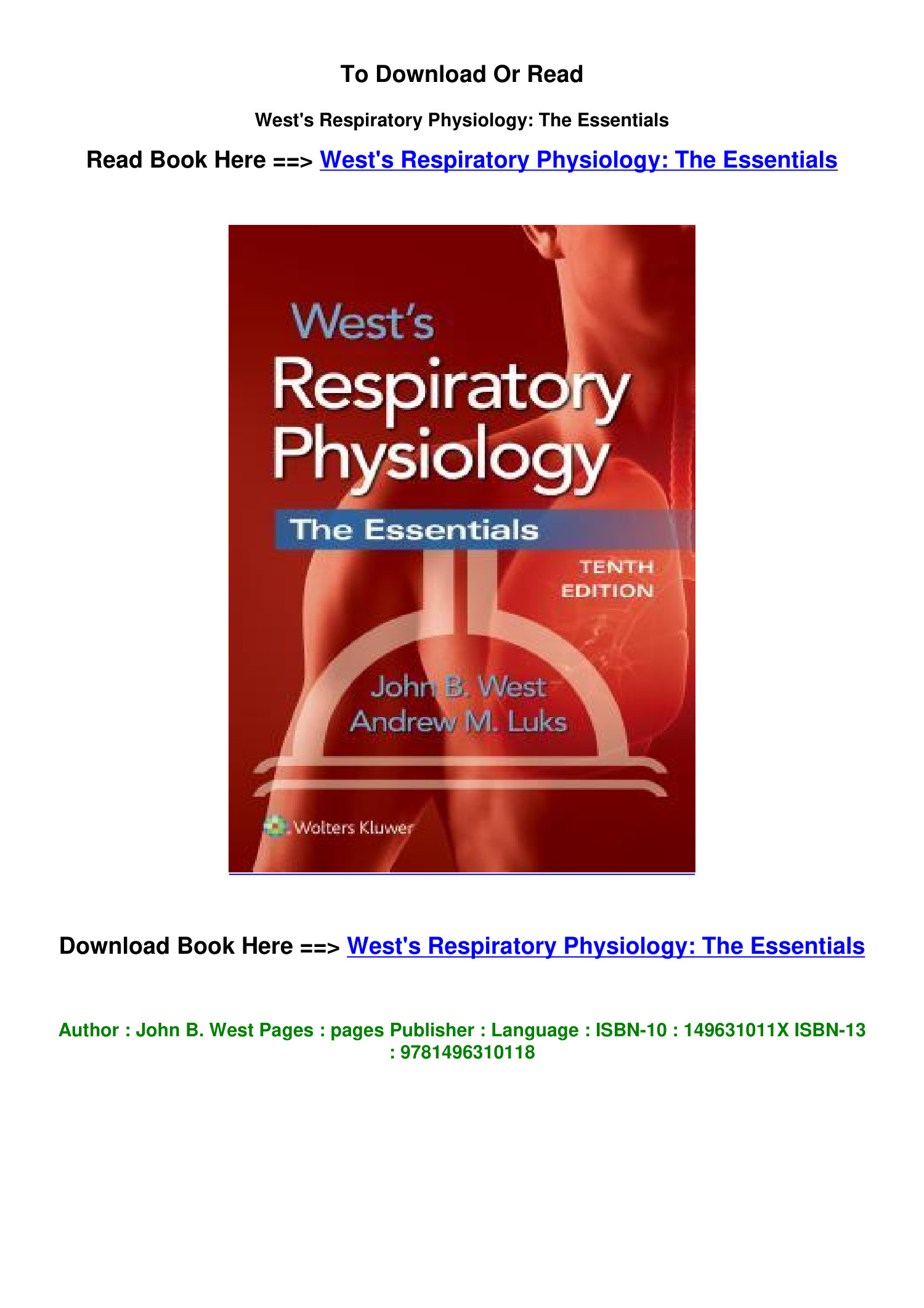 epub DOWNLOAD West s Respiratory Physiology The Essentials BY John B ...