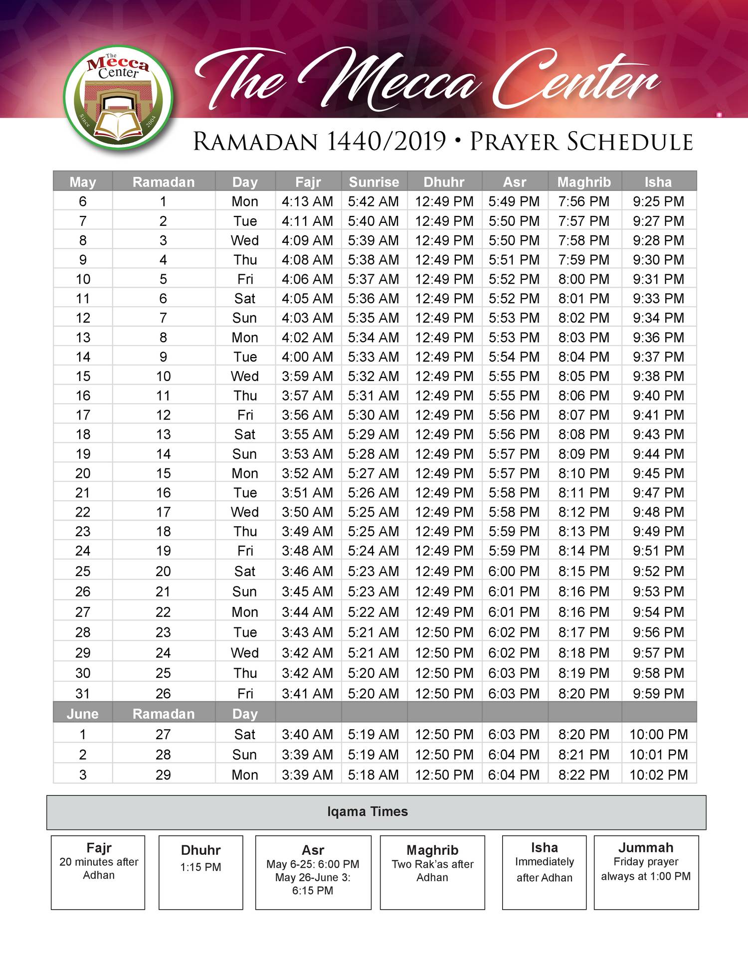The Mecca Center Ramadan 2019/1440 Prayer Schedule.pdf DocDroid