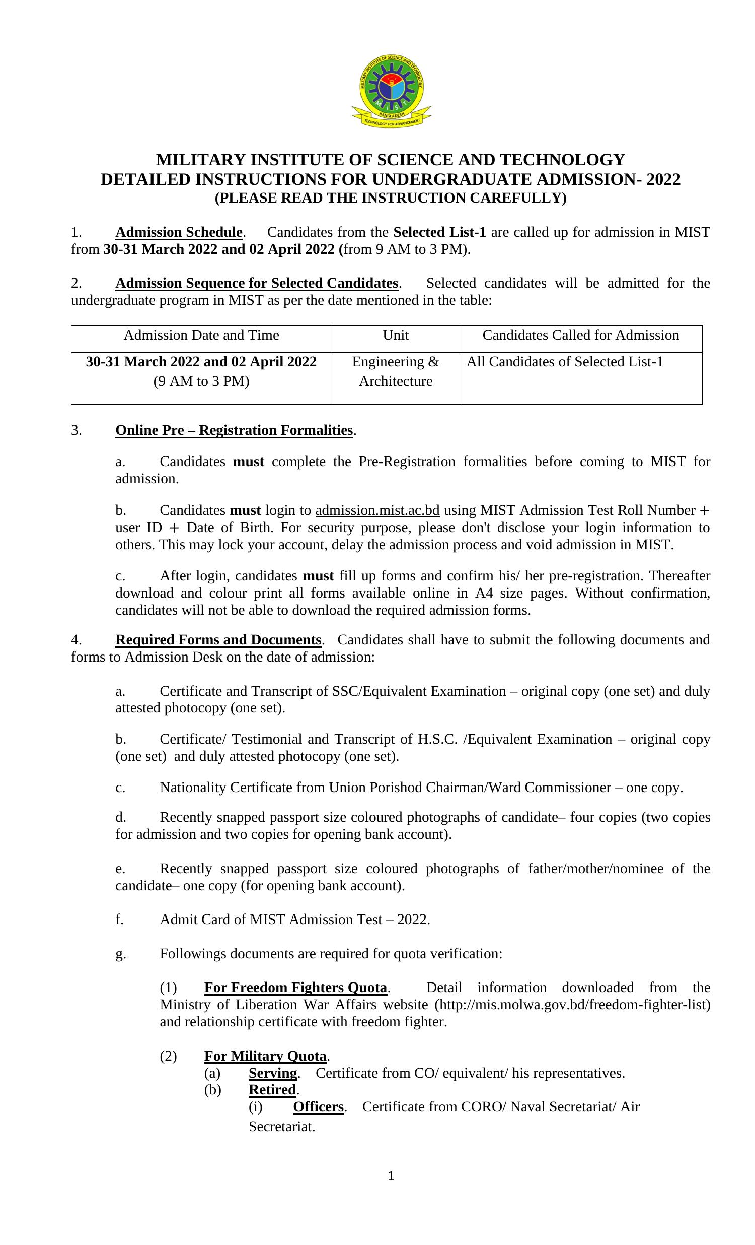 instruction-for-selected-candidates-list-1-mist-admission-test-2022