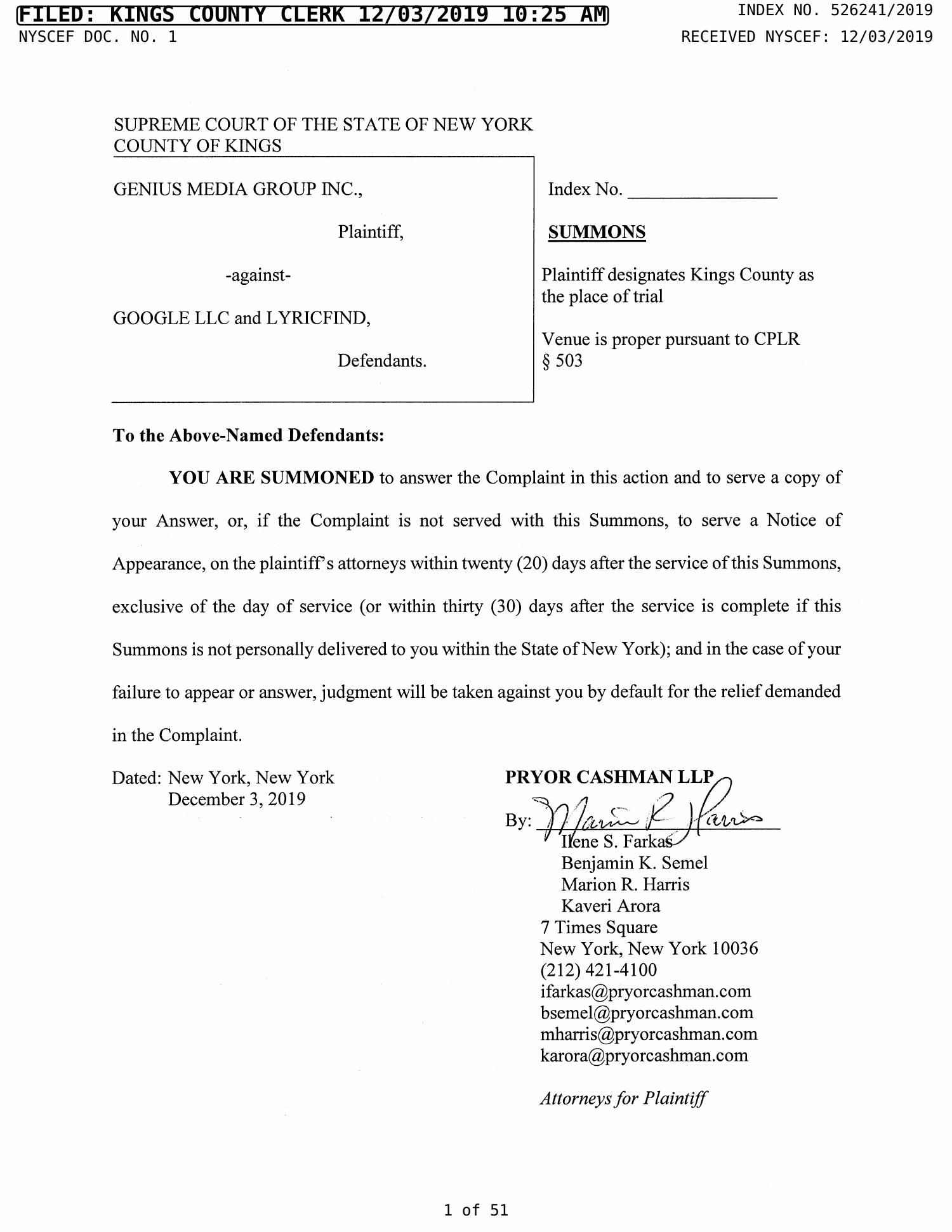 526241_2019_Genius_Media_Group_Inc_v_Google_LLC_et_al_SUMMONS ...