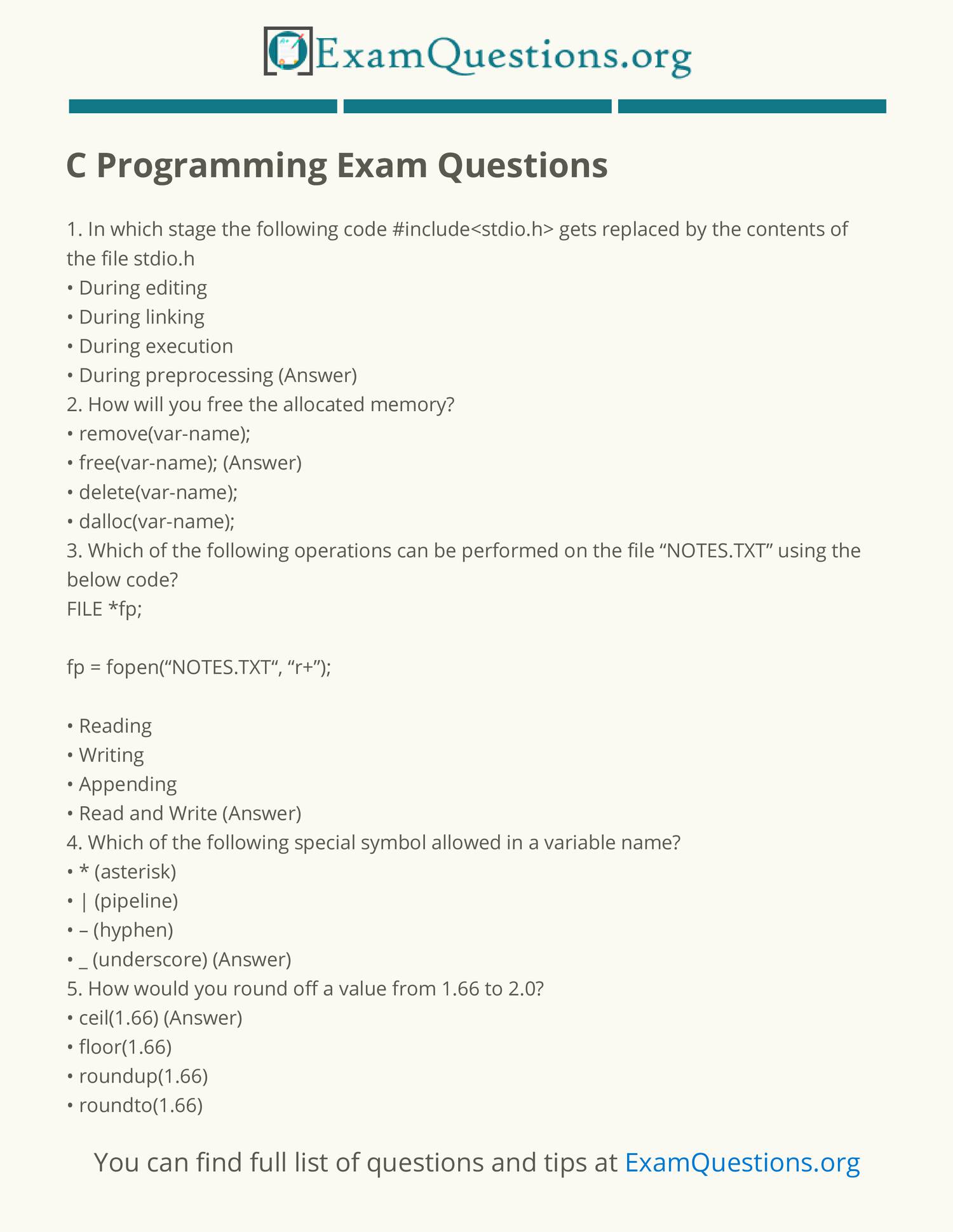 Practice Free Online C Programming Mock Test, Sample Papers