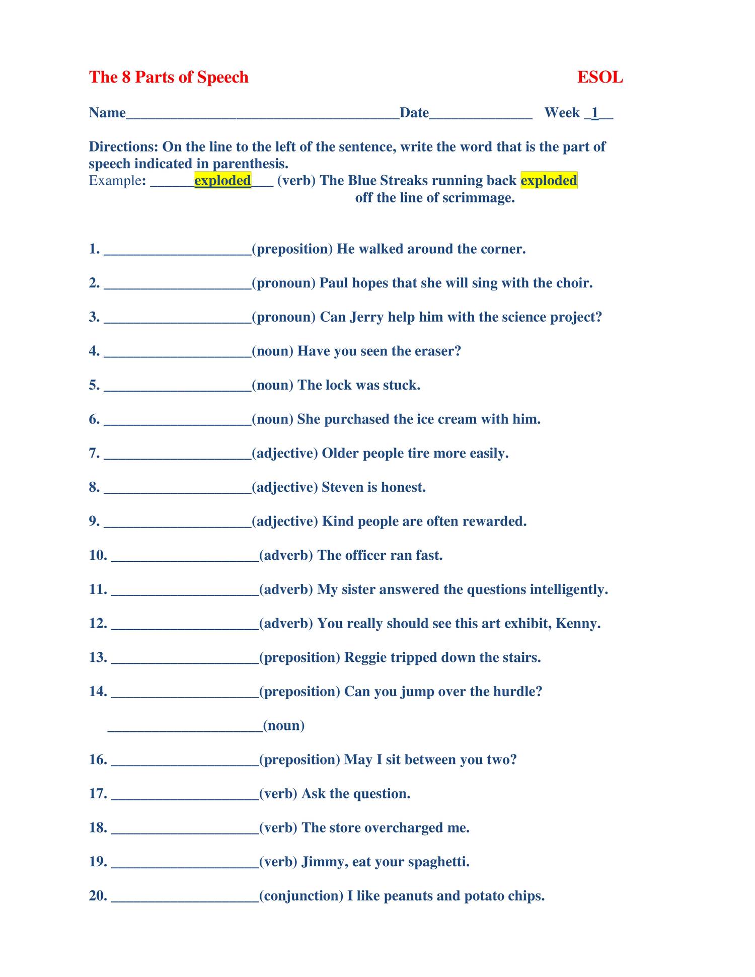 parts of speech worksheet review