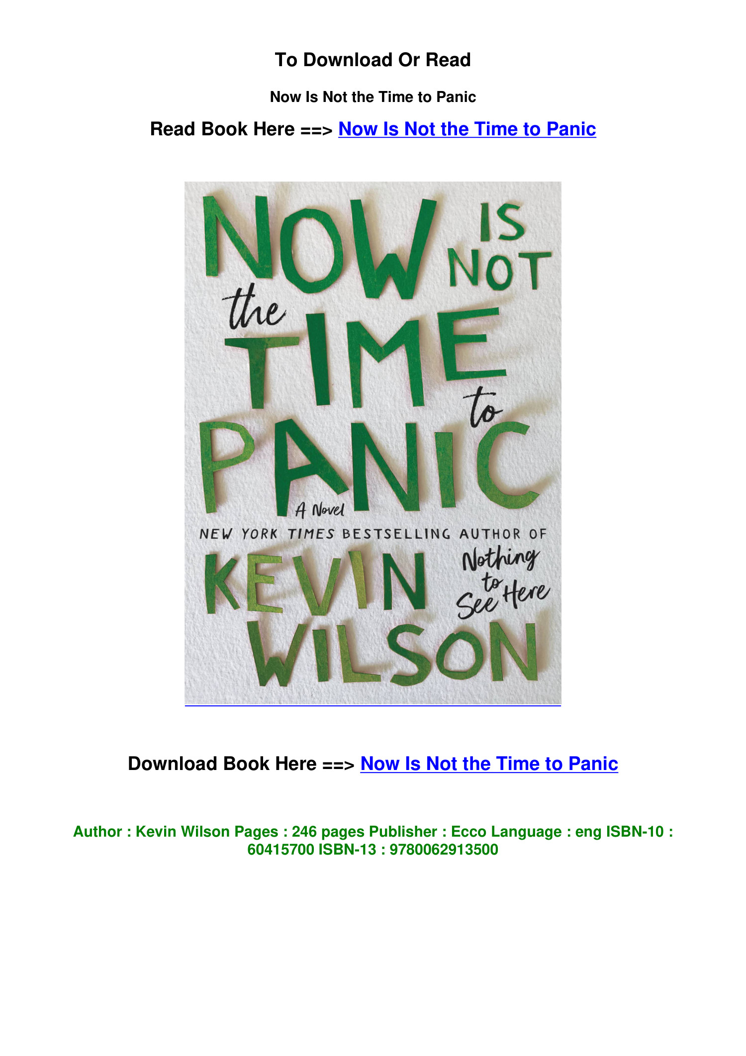 Now Is Not the Time to Panic by Kevin Wilson