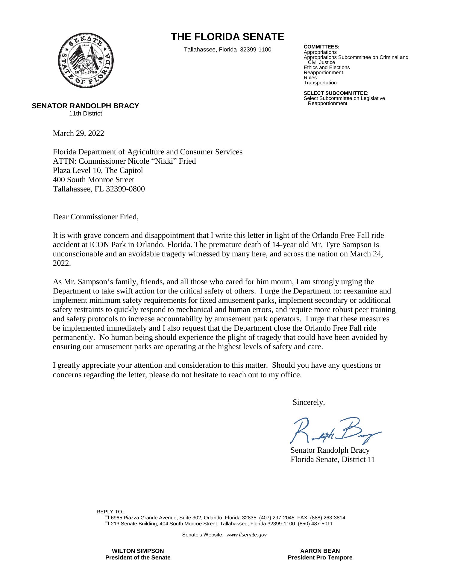 Senator Bracy Letter to the FL Department of Agriculture RE-Icon Park ...