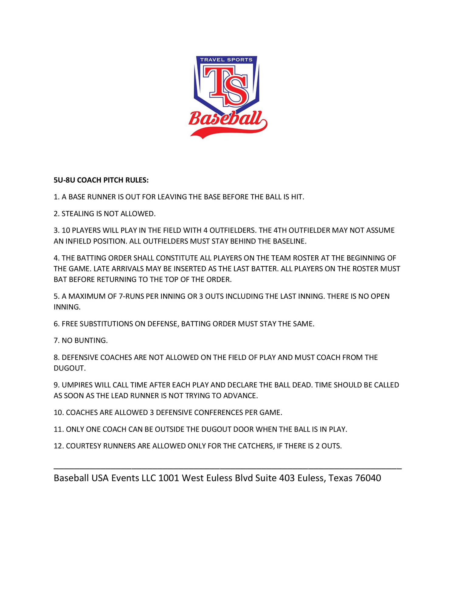 8u Coach Pitch Rules