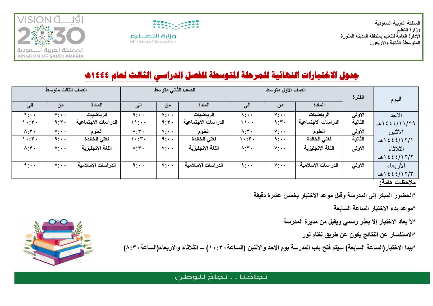 جدول الاختبارات النهائية للمرحلة المتوسطة للفصل الدراسي الثالث لعام