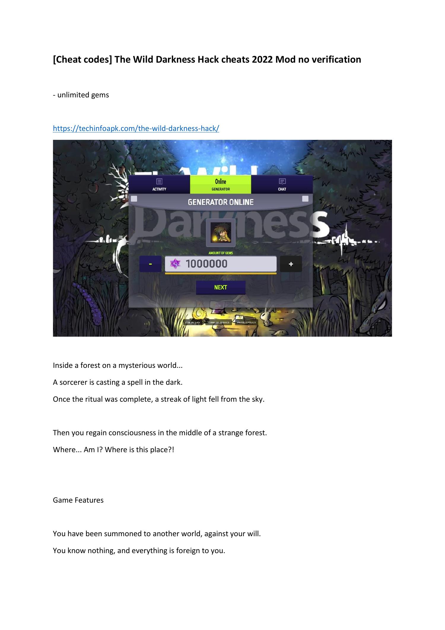 Cheat codes] The Wild Darkness Hack cheats 2022 Mod no verification.pdf |  DocDroid