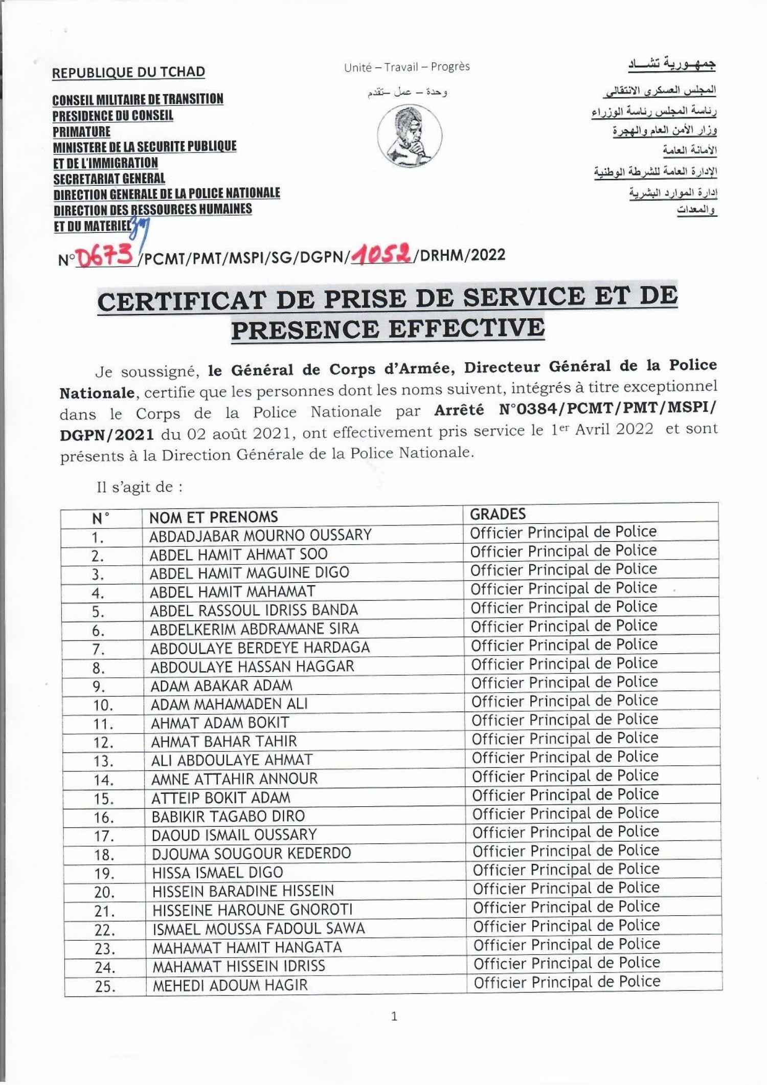 CERTIFICAT DE PRISE DE SERVICE ET DE PRESENCE EFFECTIVE N° 0673 DE 299 ...