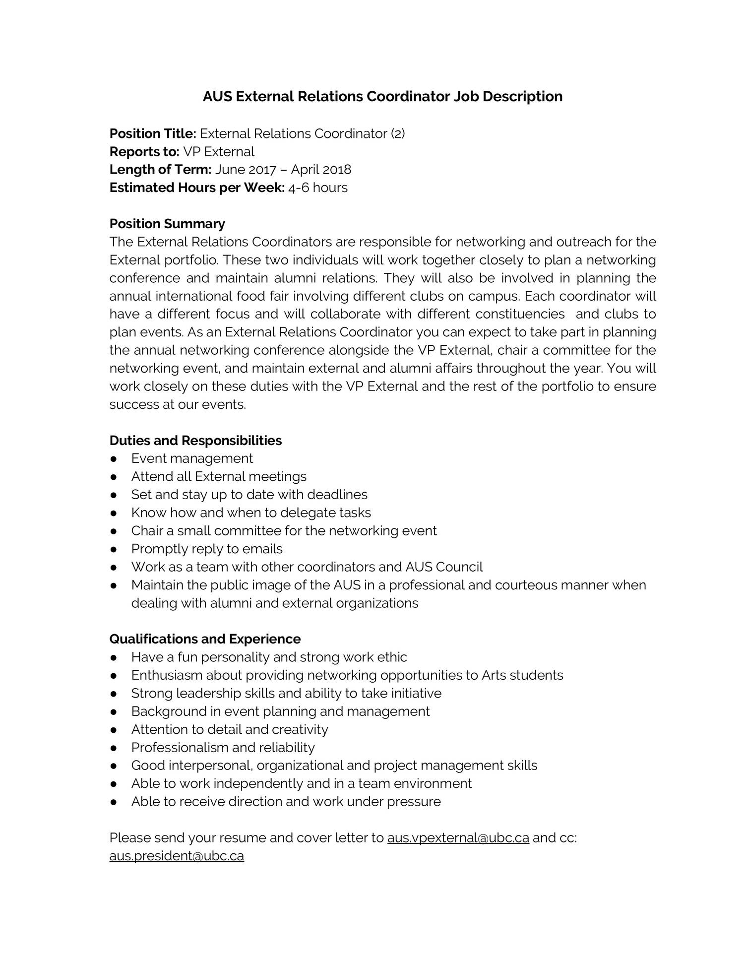 AUS External Relations Coordinator Job Description docx DocDroid