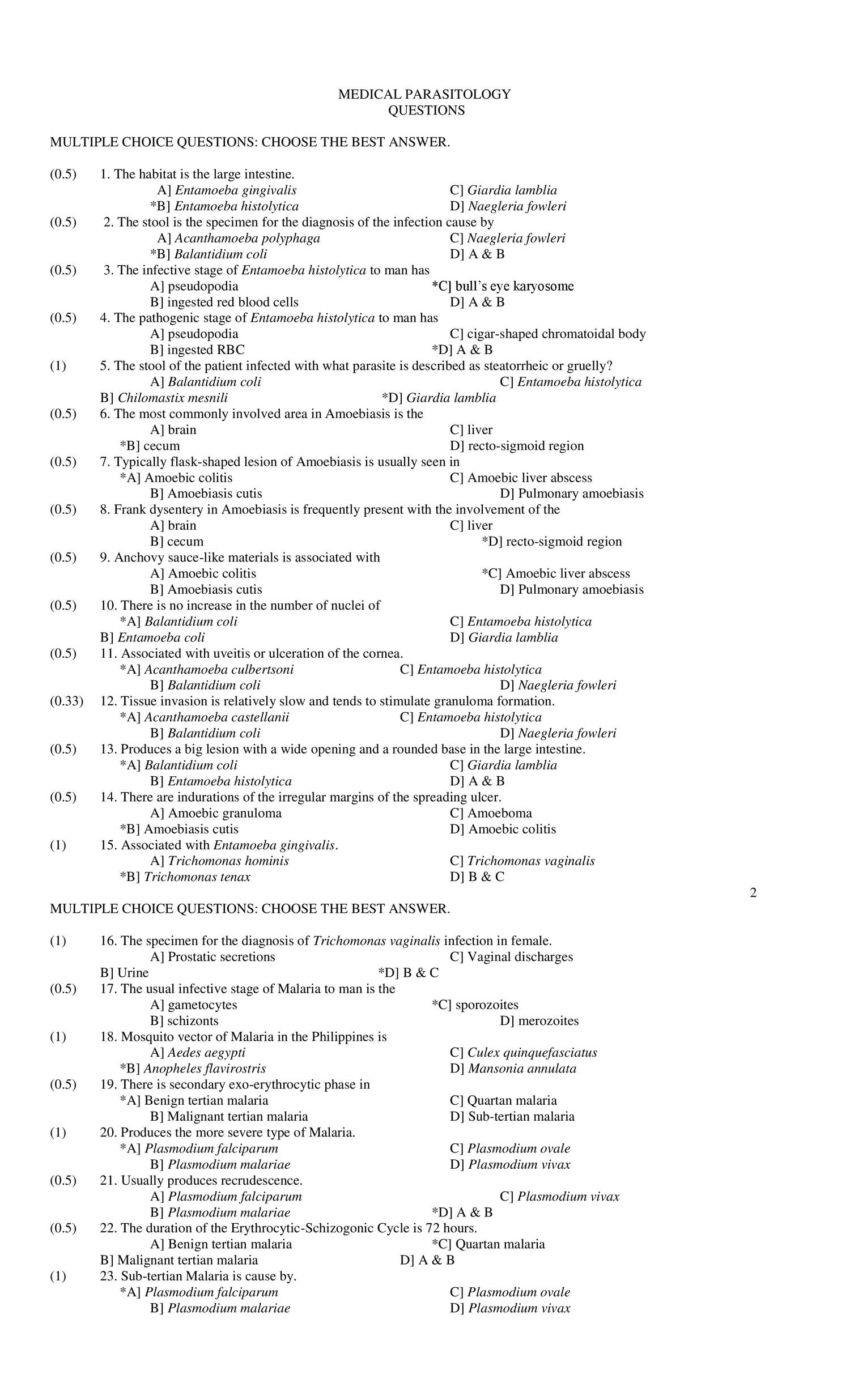 Medical Parasitology Questions Doc Docdroid