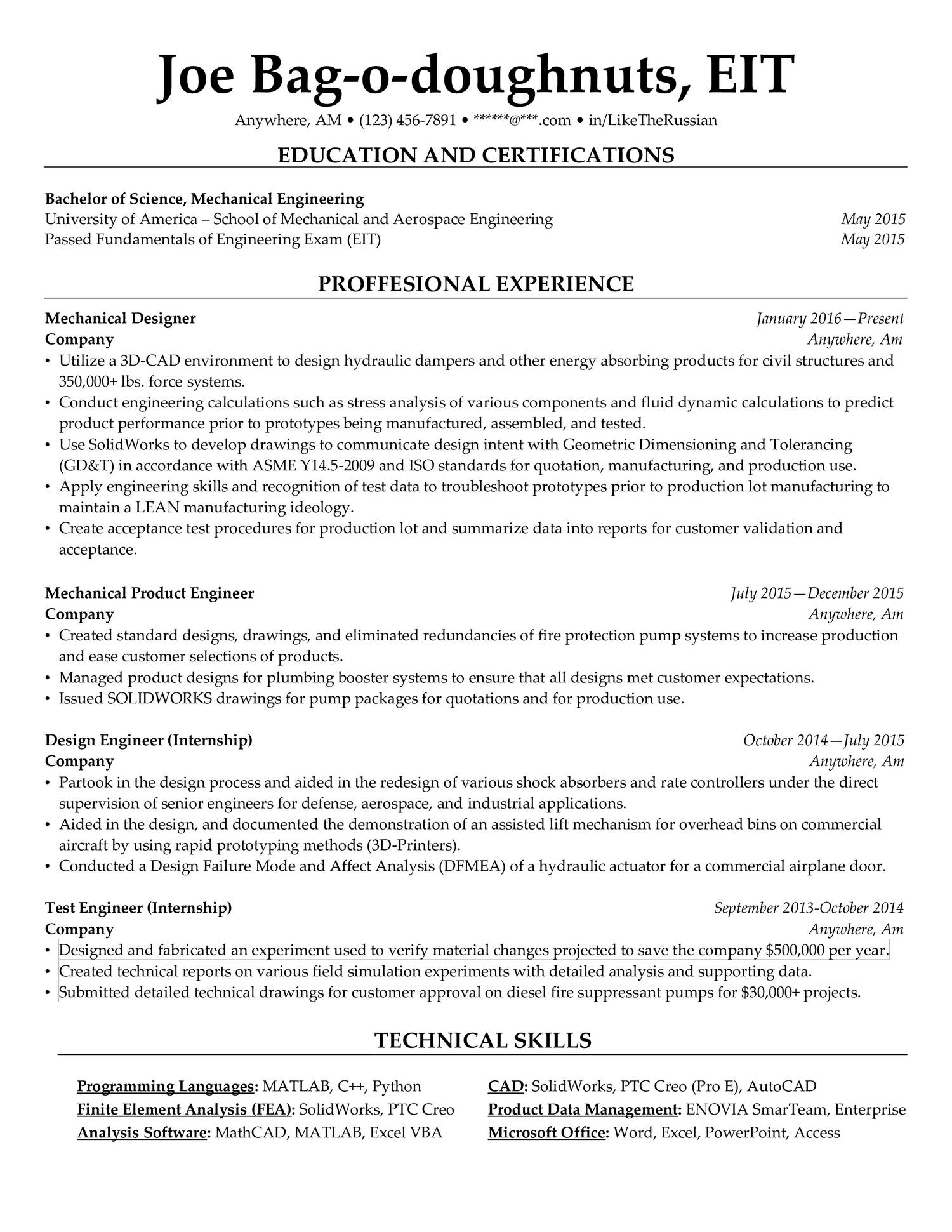 Fake Resume Example