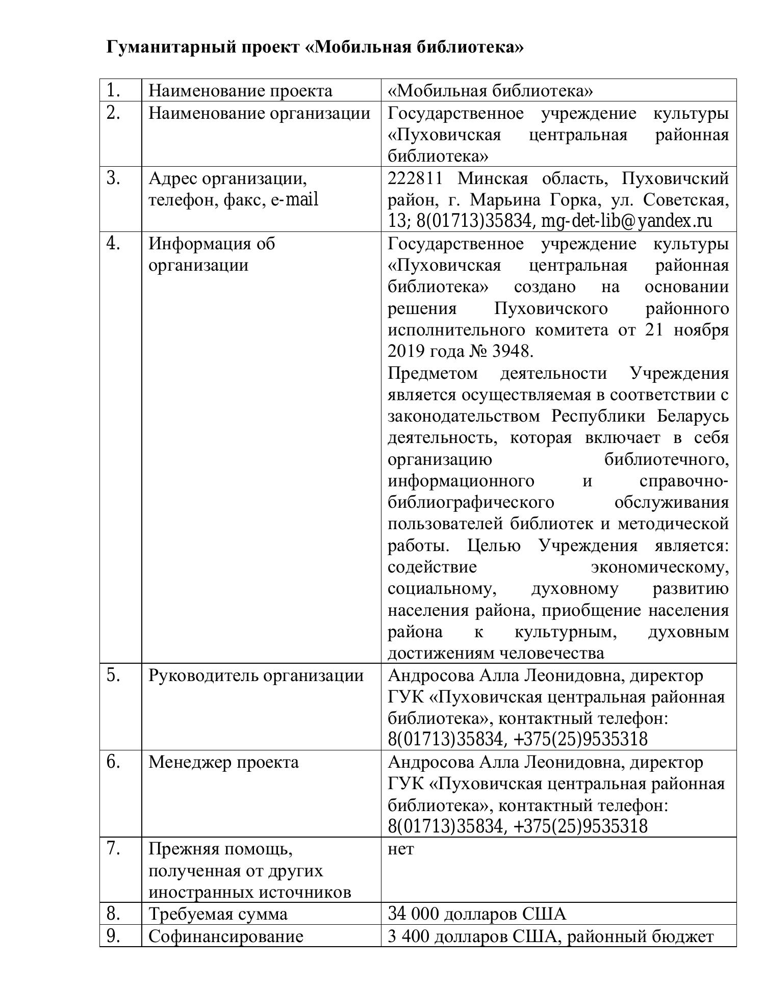 Гуманитарный проект Мобильная библиотека Пуховичской центральной районной  библиотеки.doc | DocDroid